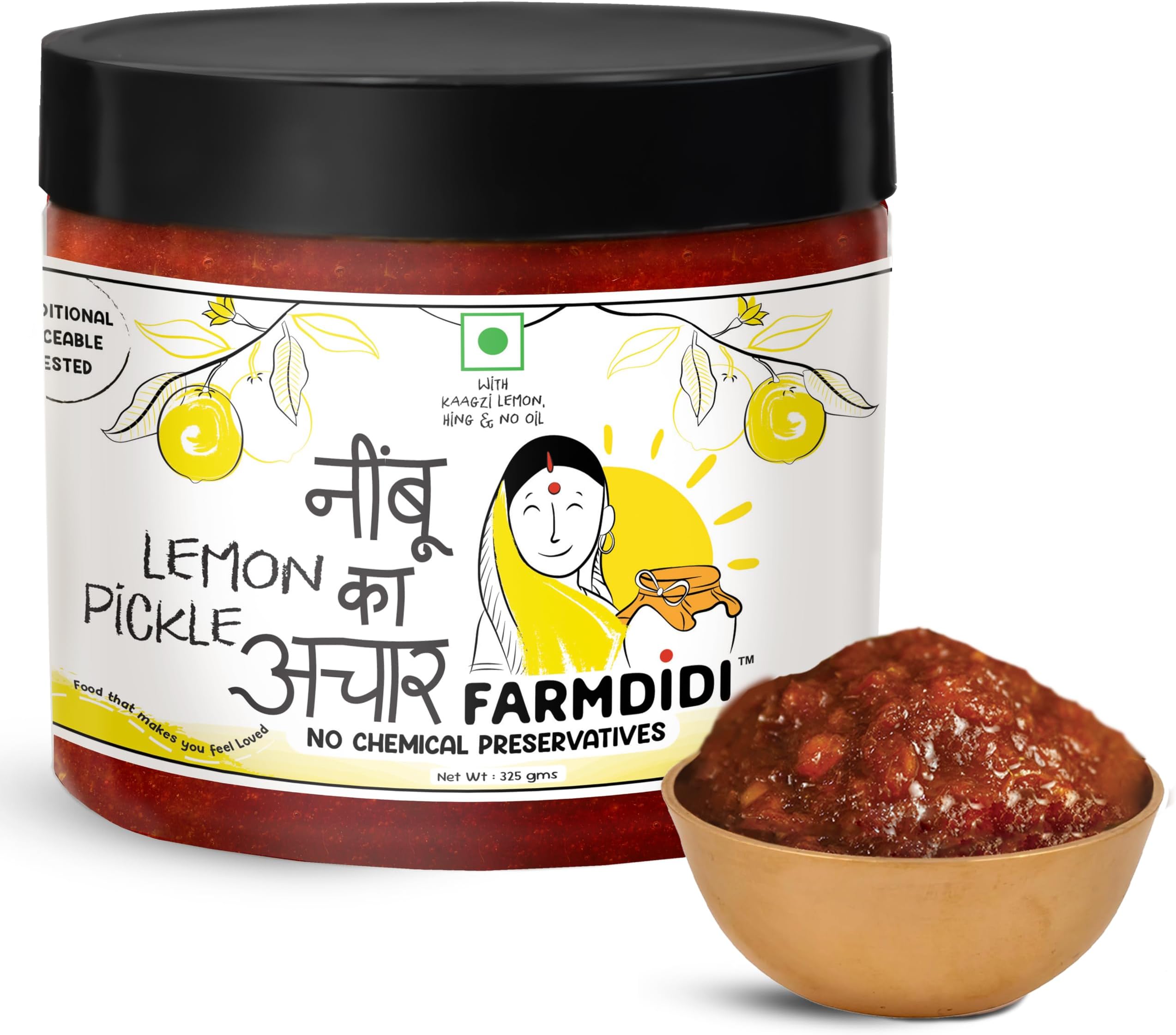 FarmDidi Crushed Lemon Pickle 325 g In Fresh Homemade Oil-Free Nimbu Ka Achar With No Onion Or Garlic Traditional Lemon Chunda Style Sweet & Sour Pickle Grandmaโs Taste, Indian Homemade Achar