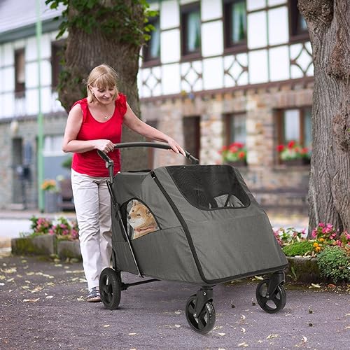 Miniatura 3 de Wedyvko Cochecito mejorado para perros medianos y grandes, hasta 120 libras, carrito plegable de viaje con asa ajustable, techo solar, freno