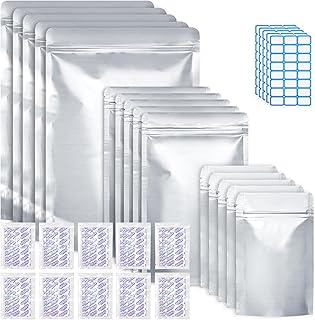 RIVUO 100 Mylar Bags For Food Storage With Oxygen Absorbers 300cc and Labels - 10.2 Mil Total/5.1 Mil Single Side Thicknes...