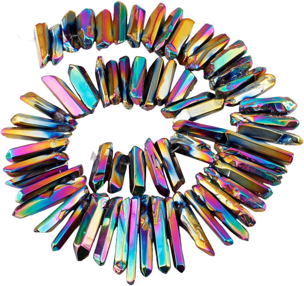 SUNYIK Rainbow Aura Titanium Coated Crystal Points Quartz Polished Sticks Spikes Point Beads 15 inch Strand Drilled