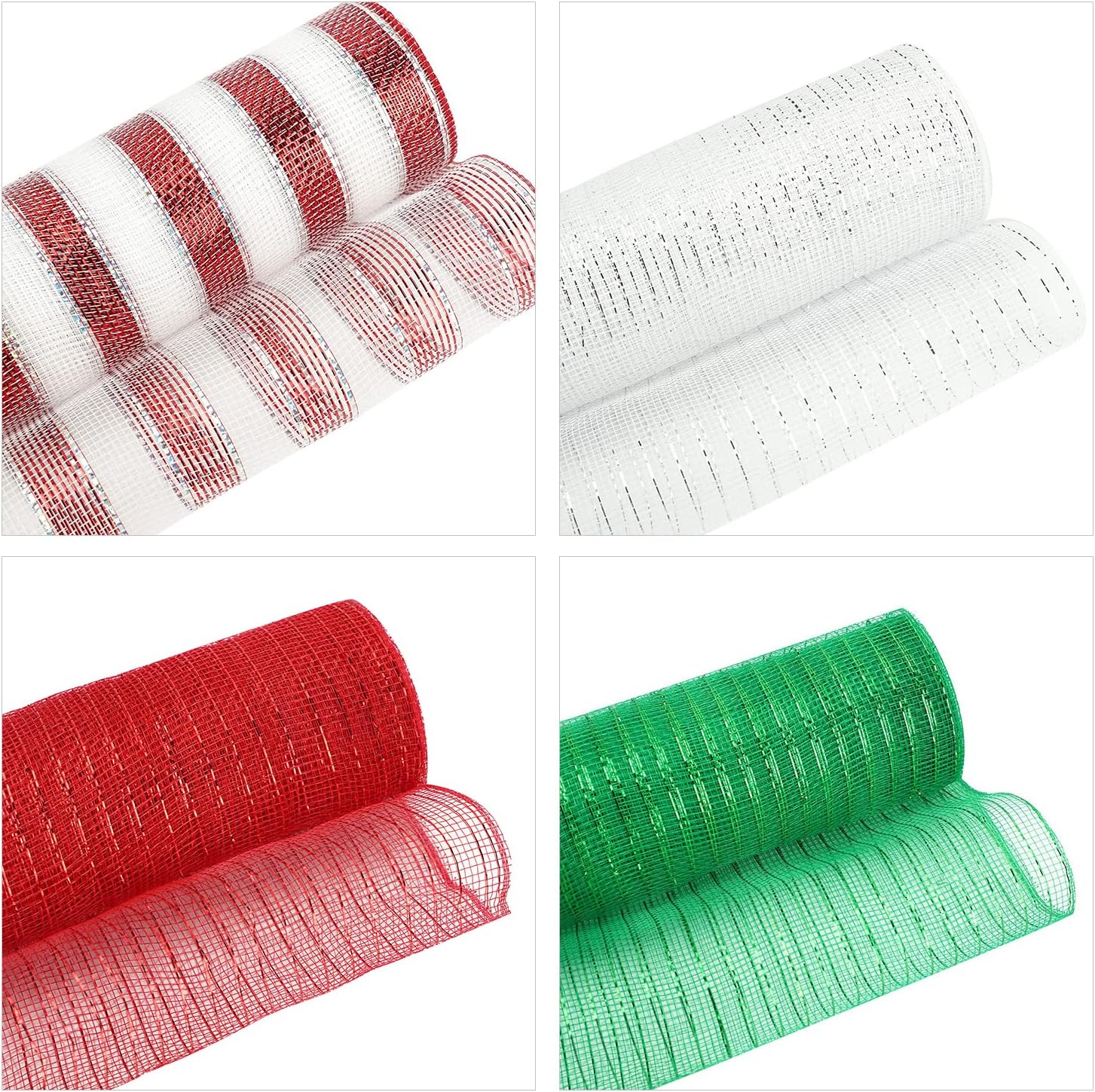 4 Roll Christmas Poly Mesh Ribbon, 10 Inch x 30 Feet Metallic Poly Mesh Ribbon Red Green and White Glitter Foil Decorative Mesh Rolls for DIY Wreath Crafts Party Decoration