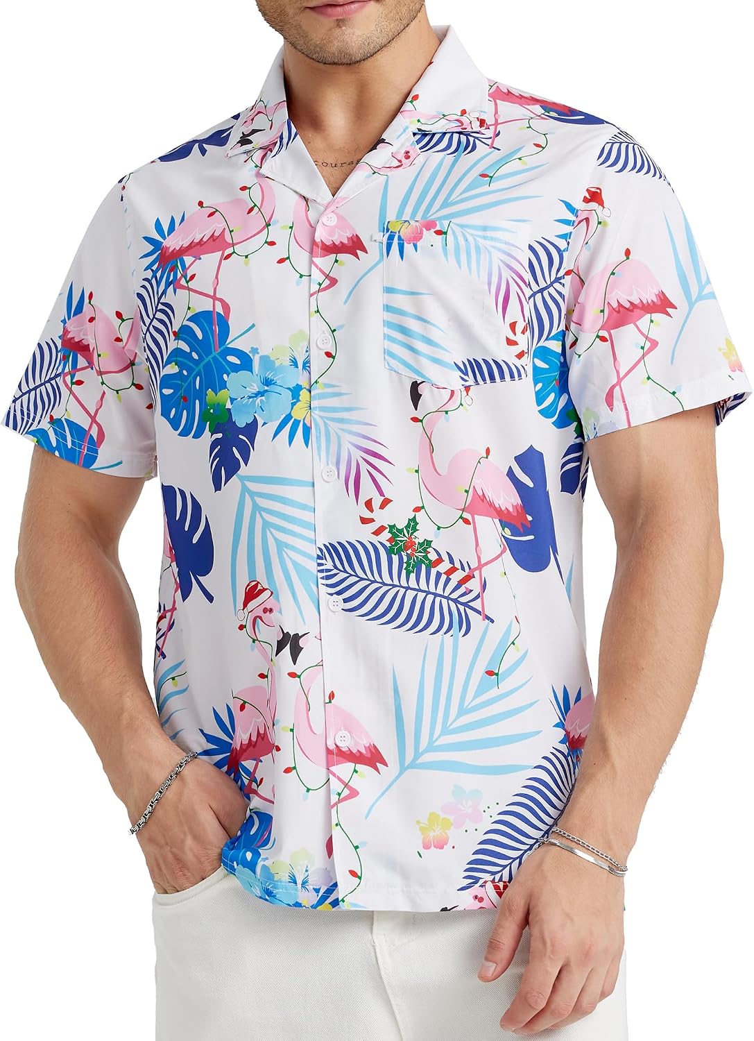 Hawaiian Shirt for Men Short Sleeve Casual Button Down Shirt Flamingos Tropical Beach Shirts Aloha Shirts with Pocket (White Flamingos,Medium)