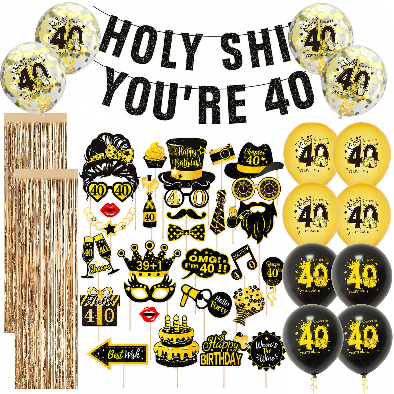 AURALIN 40th Birthday Photo Booth Props Black Gold Party Decoration Set