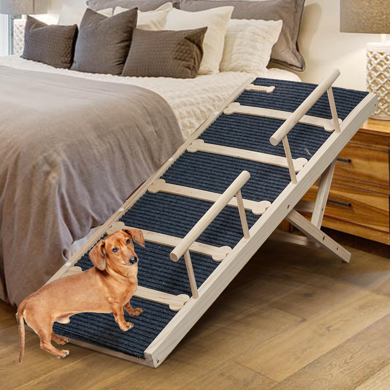 Rampe pour chien en bois pour lit haut, 120 cm de long, rampe antidérapante pour canapé, 6 hauteurs réglables de 40 à 71 cm, avec tapis de traction antidérapant pour chiens de petite, moyenne et