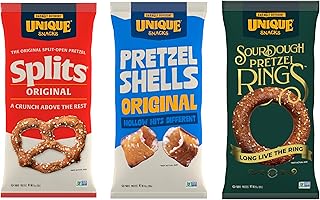 Unique Snacks Variety Pack with Original Splits Pretzels, Shells, and Sourdough Craft Beer Rings, Delicious Homestyle-Baked Snack Bags, Vegan, OU Kosher, and Non-GMO Food, Pack of 3