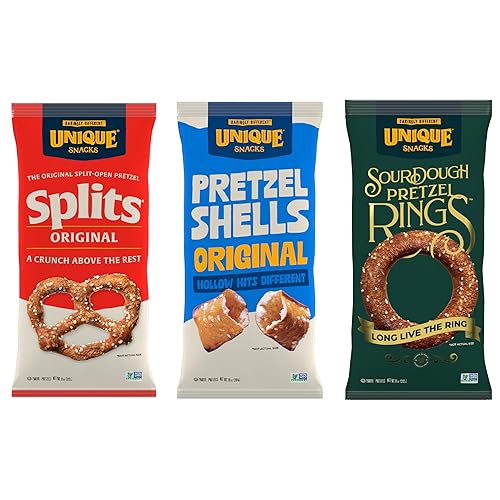 Unique Snacks – Paquete variado con conchas de pretzels originales y anillos de cerveza artesanal de masa madre, 32 onzas en total, (paquete de 3)