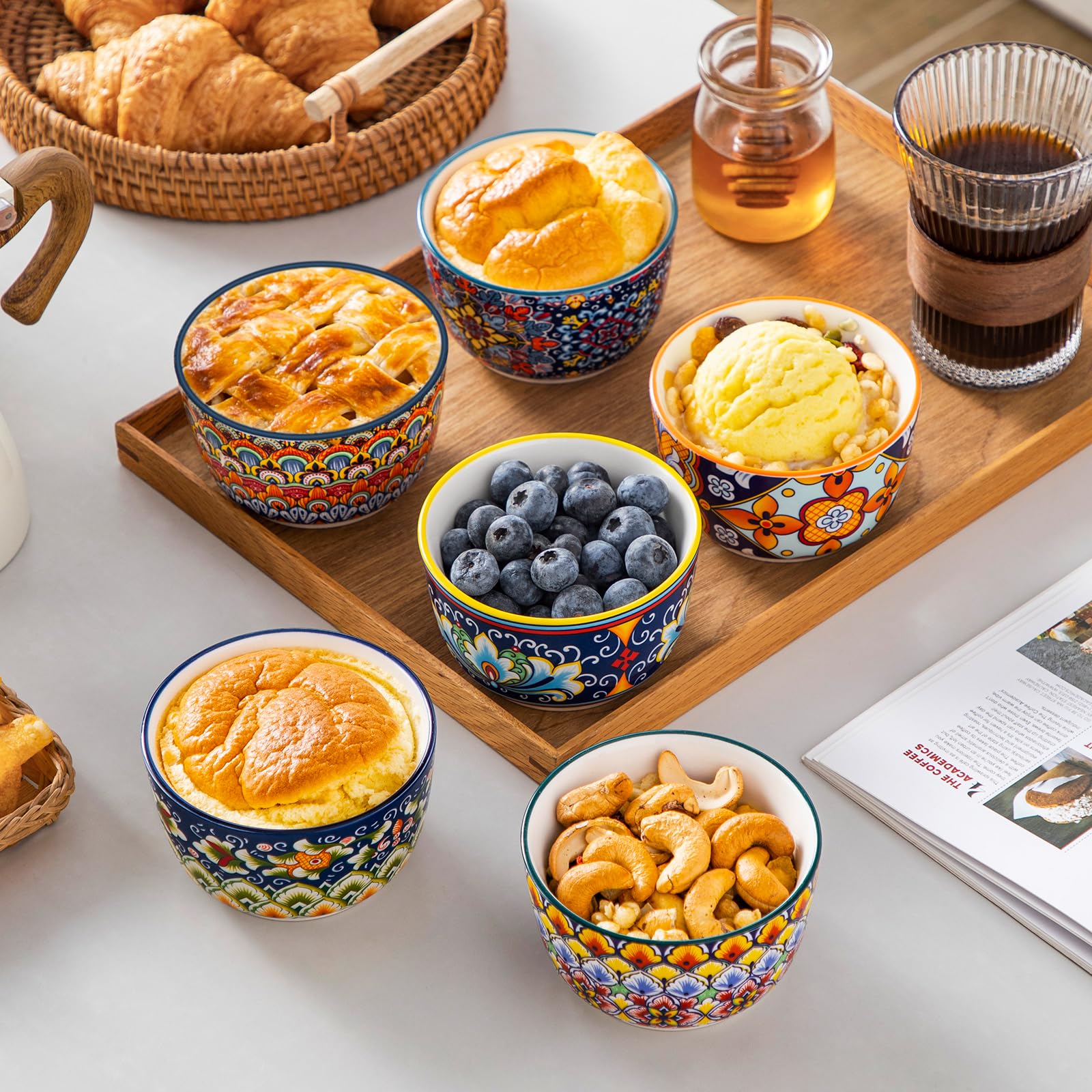 vancasso Creme Brulee Schälchen 240ml, SIMI Souffle Förmchen Backofenfest, Ofenfeste Förmchen 6er Set, Creme Brulee Schalen, Keramik Ramekins für Ragout Fin Schalen, Vibrant Bohemian Mini Auflaufform