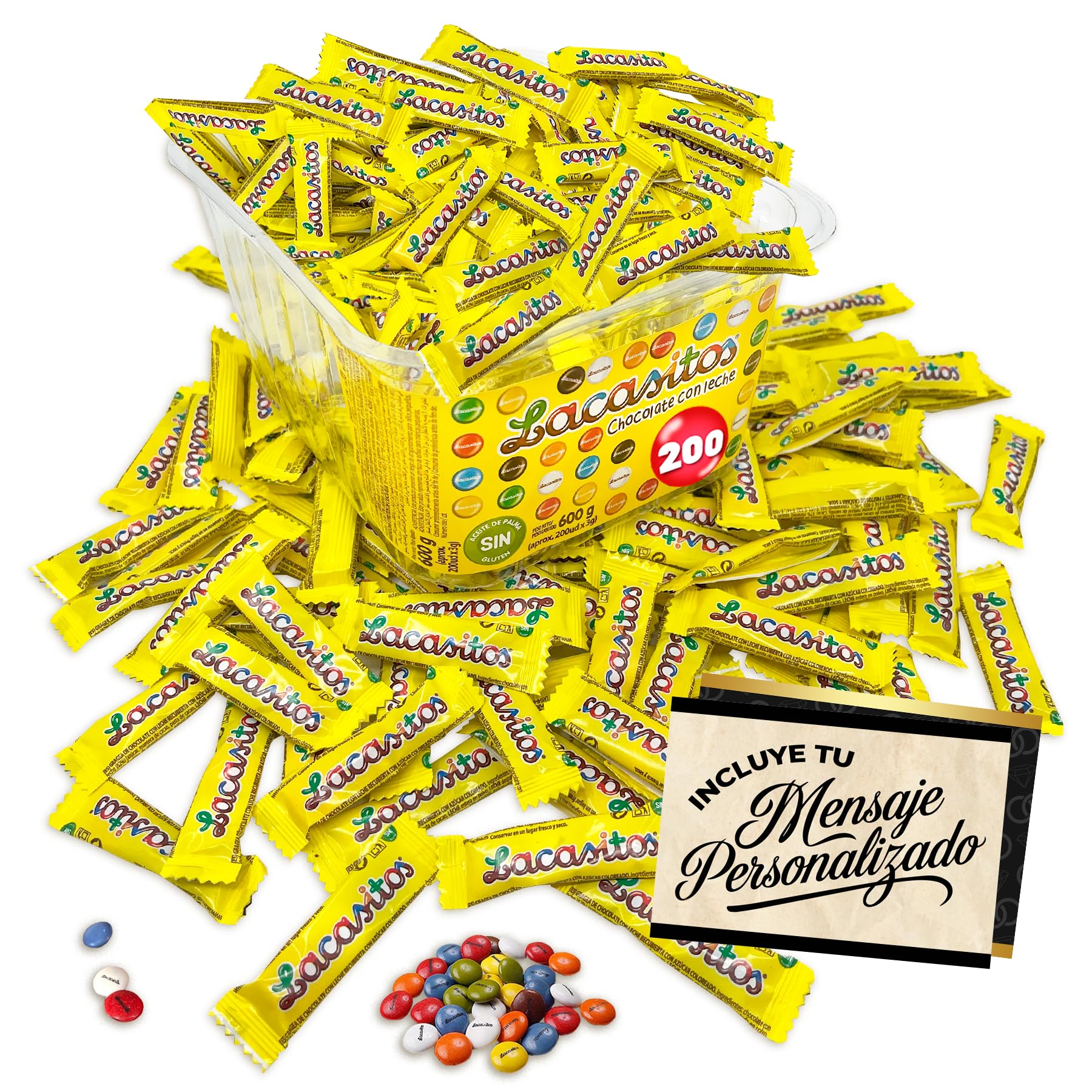 Lot de 200 Sachets Individuels de Lacasitos (3 par Pack) · Chocolat au Lait Coloré · Avec Carte Personnalisable Offerte · Idéal pour Anniversaires, Halloween, Fêtes ou Entreprises