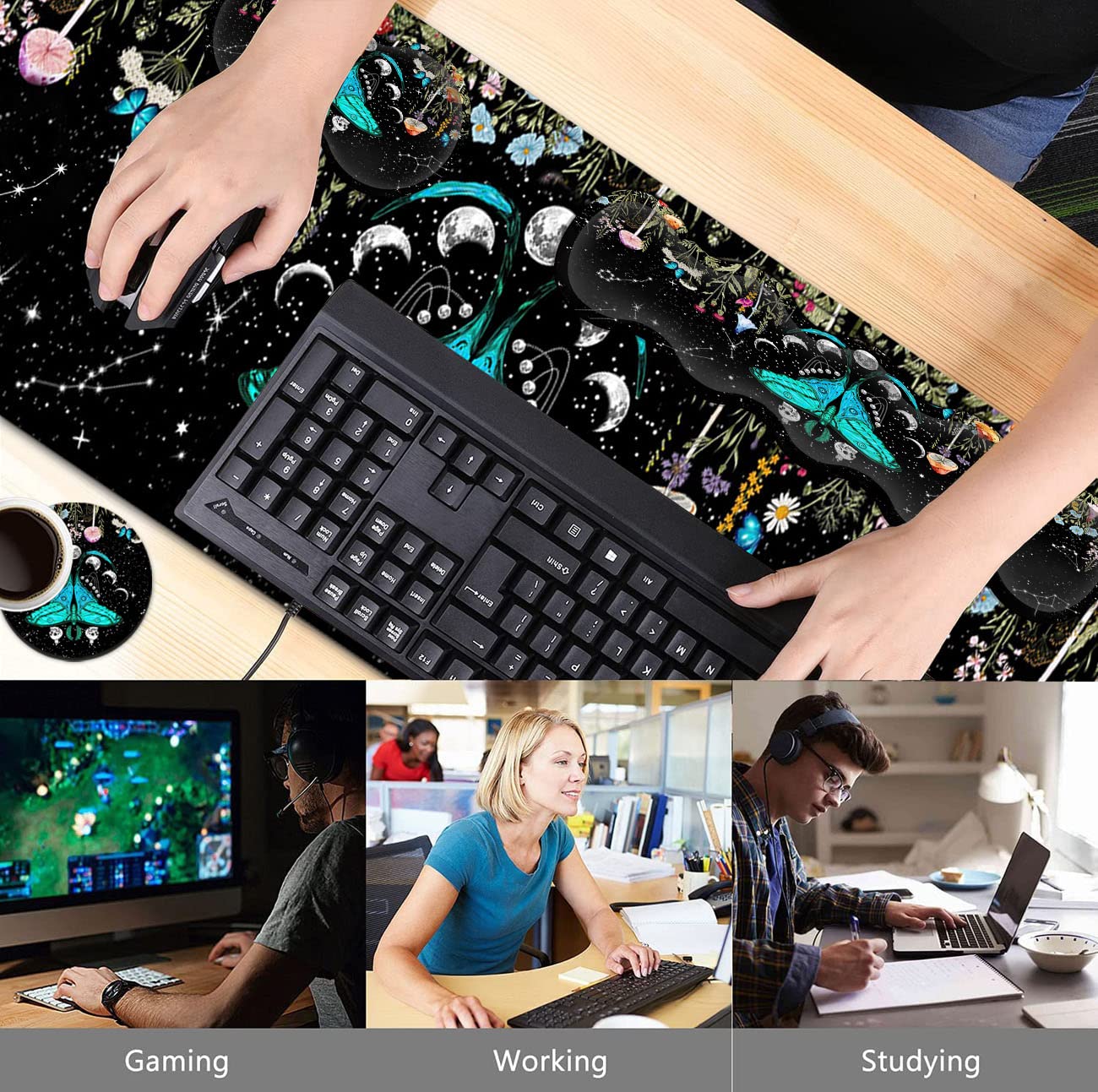 Großes Mauspad, ergonomische Maus-Handgelenkstütze + Tastatur-Handgelenkauflage-Set + erweitertes Gaming-Mauspad, Motte, Mondphase, Hexe, Büro, Schreibtischmatte, Zubehör, Schreibtischunterlage