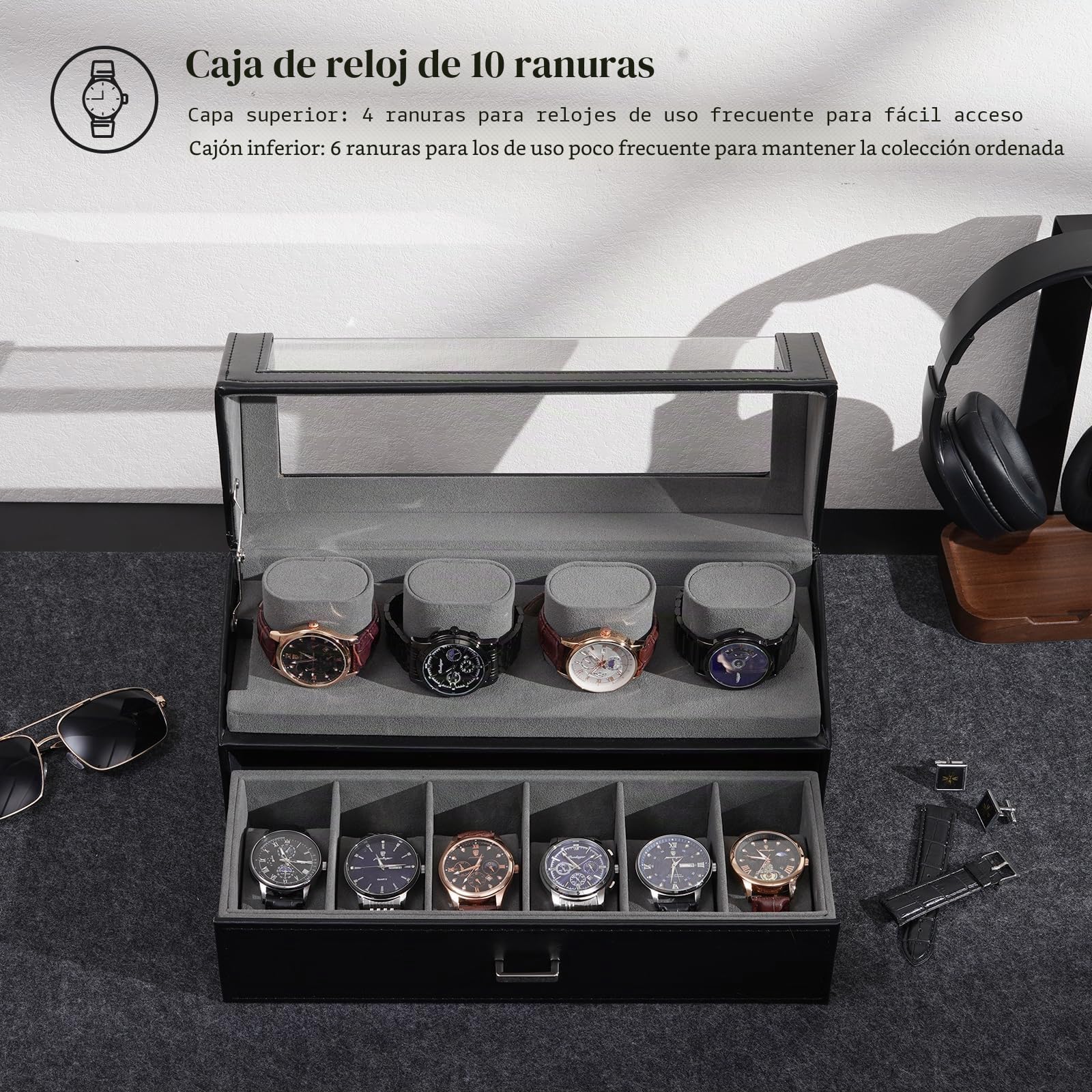 ProCase Caja para Relojes, Estuche Expositor 10 Ranuras con Tapa Acrílica, Organizador de 2 Niveles con Cajón, Soporte para Relojes de Hombre y Mujer - Negro