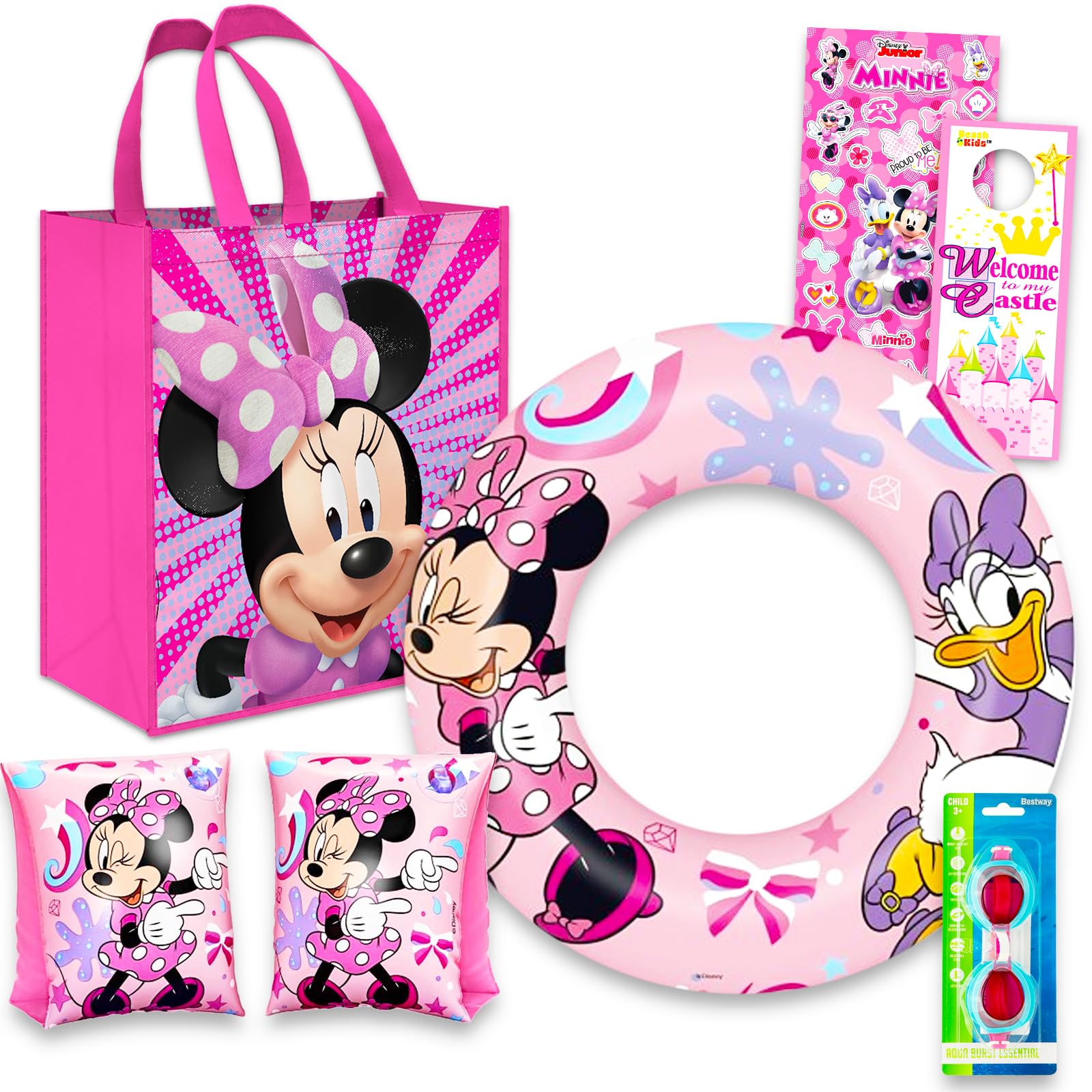 Disney Juego de juguetes de playa de Minnie Mouse, 6 piezas de juguetes de piscina de Disney con pelota de playa de Minnie, flotadores de brazo, gafas y bolsa de mano y más