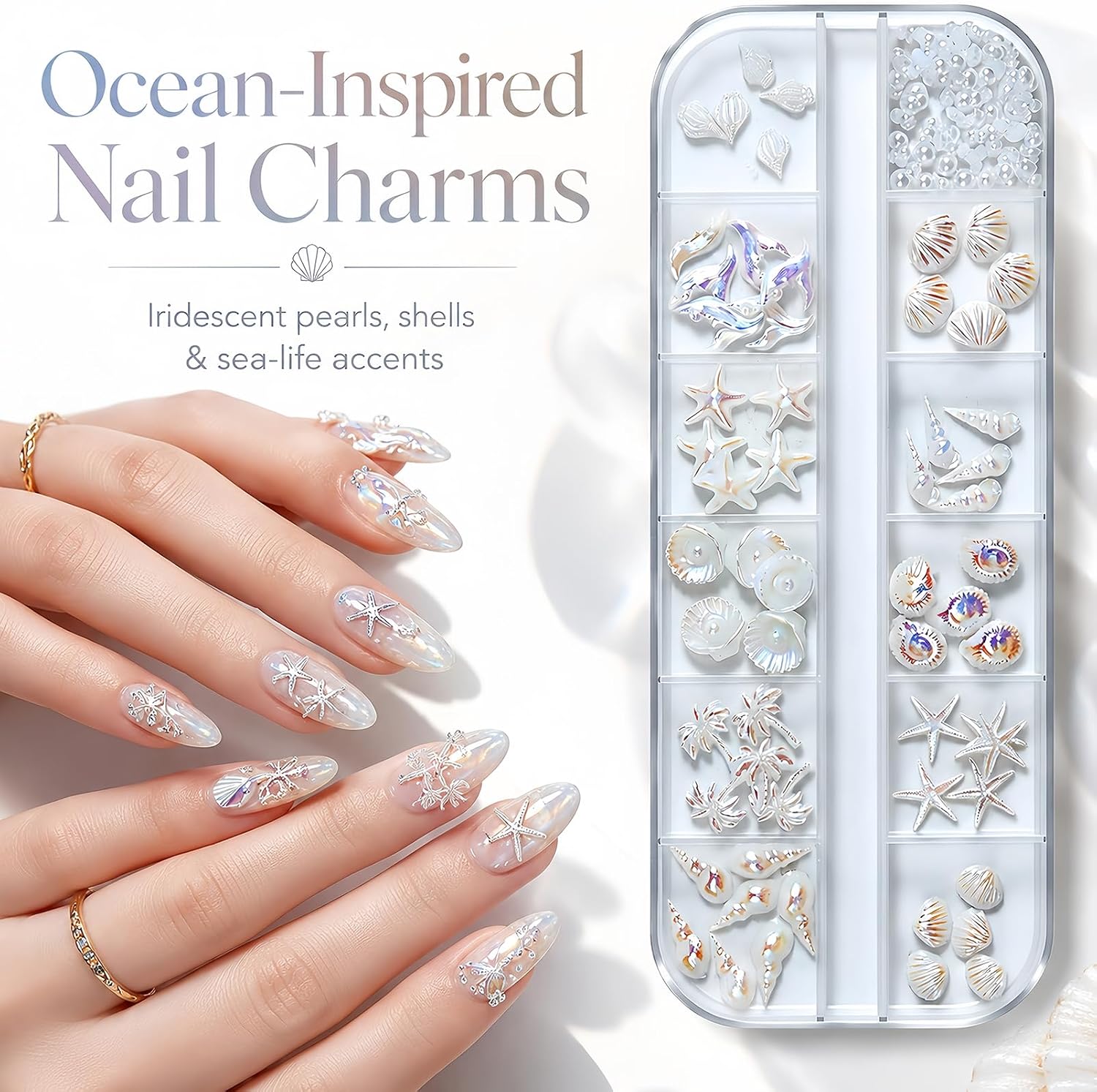 Aurora Shell Nail Charms Set, Iridescent Starfish Seashell Nail Art Decorations, 3D Ocean Mermaid Nail Accessories for Acrylic Nails, Gel Nails, DIY Manicure
