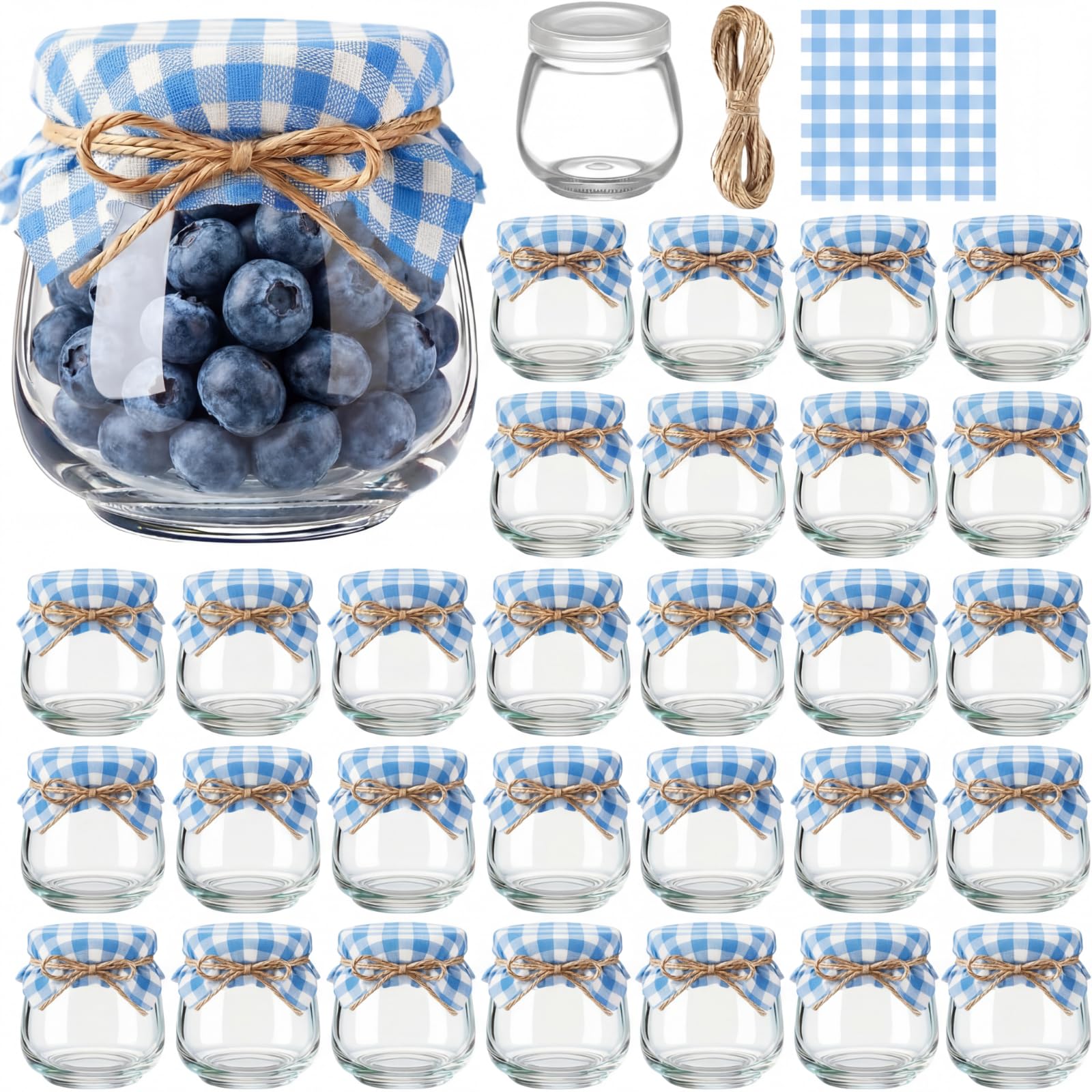 LemonRoad 30 Pack Mini Yogurt Jars 3.4 oz Glass Bottles with Plastic Lids for Jam, Honey, Wedding Favors, Shower Favors, Birthday Party Decor Mason Jar with Checkered Cloth and Rope(Blue,White)