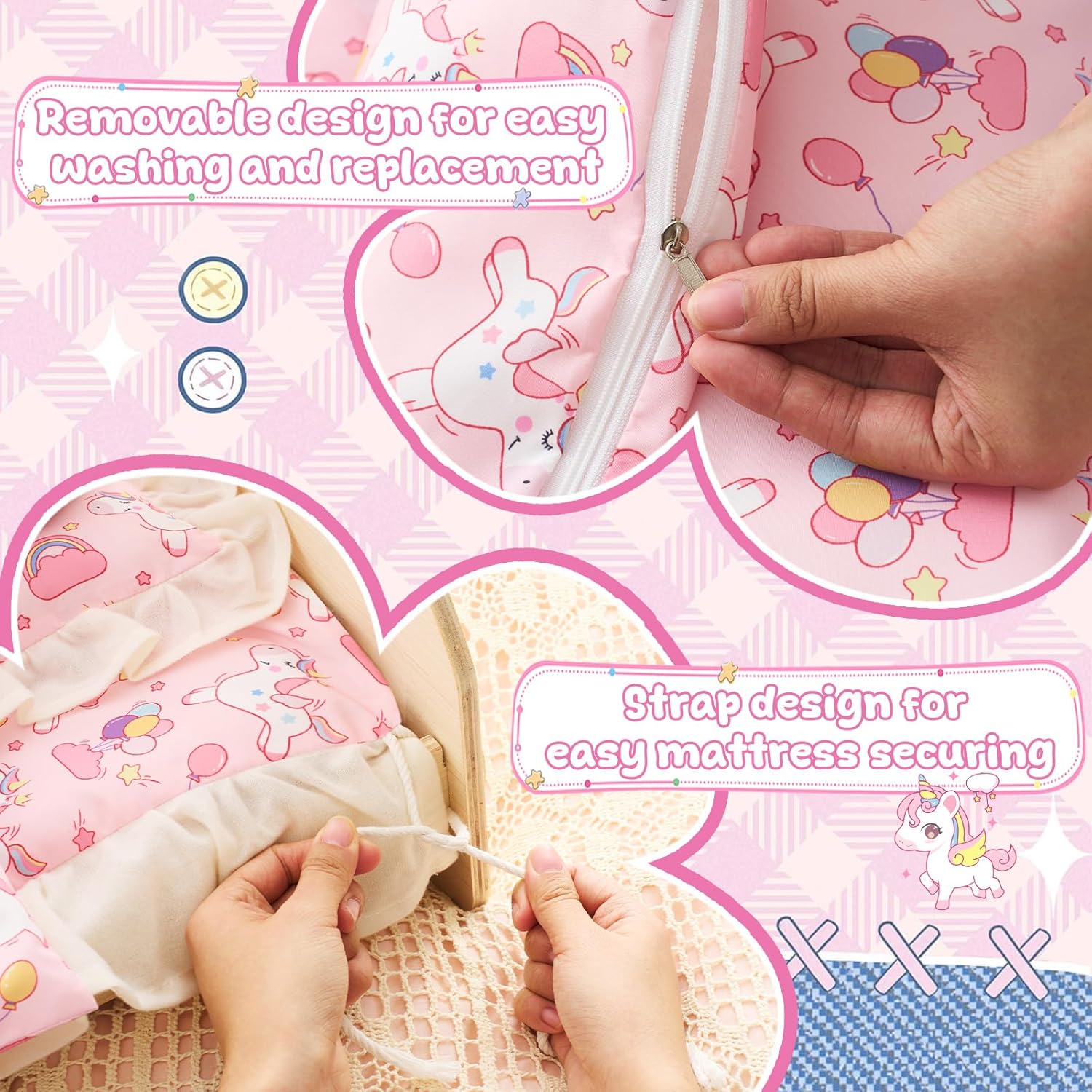 Halloscume 6 Set 18 Inch Doll Bedding Accessories Set, Included Comforter, Mattress, Pillow Cute Accessories- Fits 18 Doll Beds, Bunkbeds, Cribs and Cradles, Featuring Pretty Lace and a Securing Cord