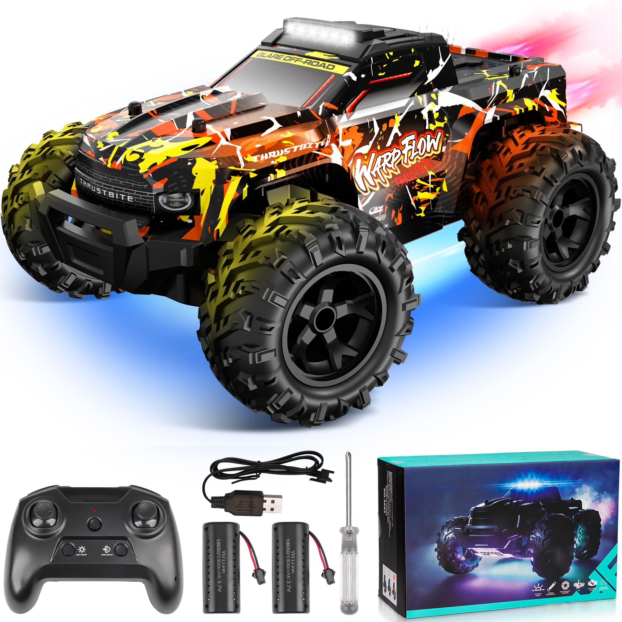 BAZADER Remote Control Cars RC Truck 1:18 RC Car with LED Light 2.4GHz All Terrain Off Road Truck Toys - High Speed 25KMH+ with Spray 60 Mins Playtime Fast Racing Toy for Kids Adults