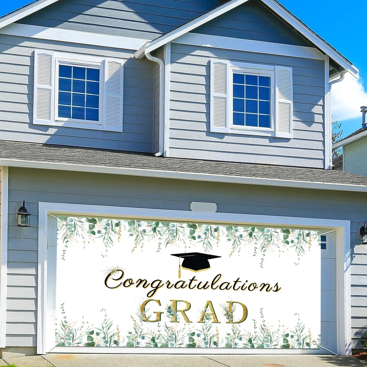 Greenery Graduation Garage Door Decoration Background Congrats Grad Class of 2026 Green Gold Leaves Graduate Party Photography Backdrops Graduation Outdoor Party Decor Garage Door Cover 16X7FT