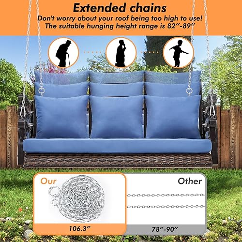 Miniatura 5 de Silla de columpio resistente de 900 libras para 3 personas al aire libre de ratán con soporte para tazas y cadenas de acero, banco colgante de