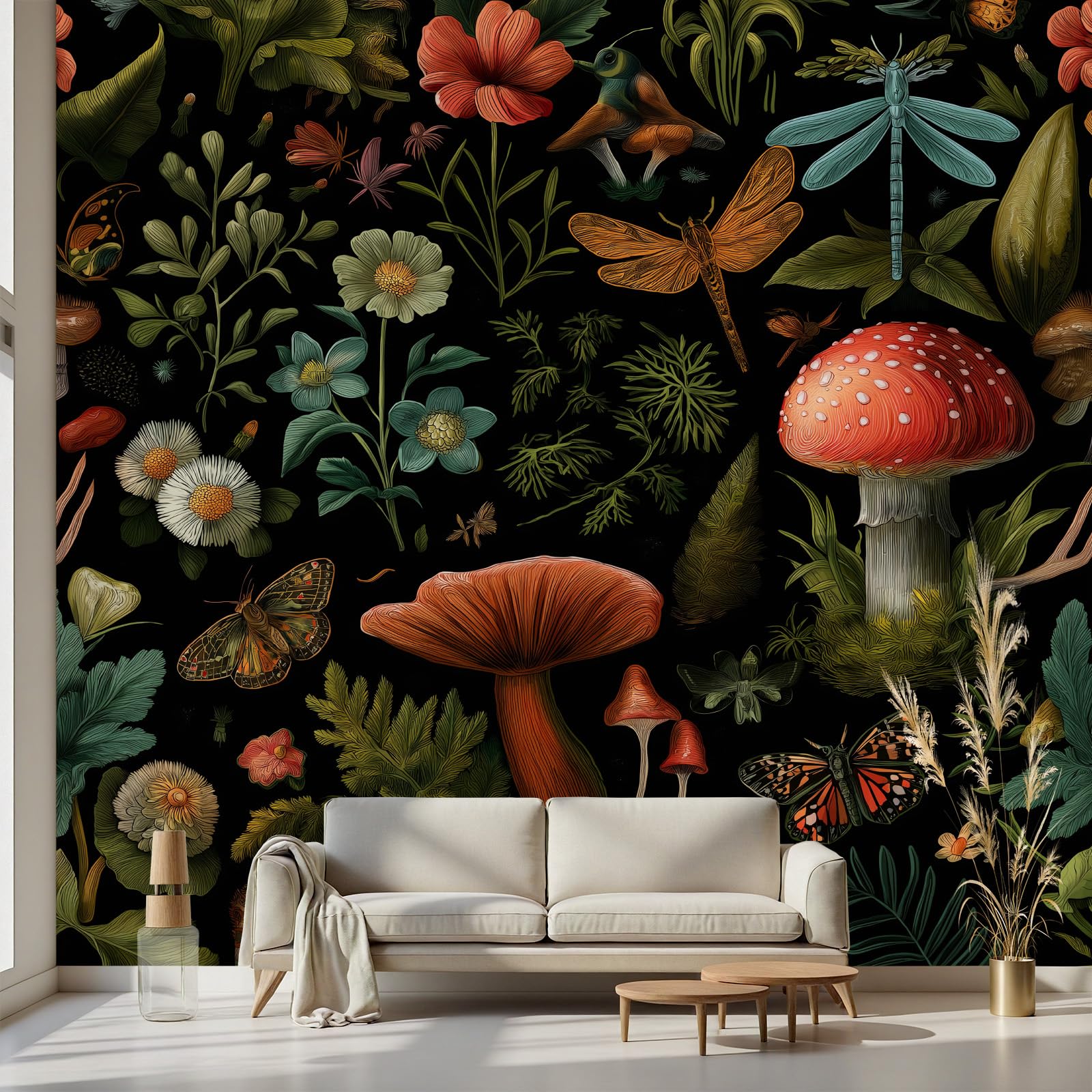Papier peint intissé champignon et stickers meuble plantes sauvages