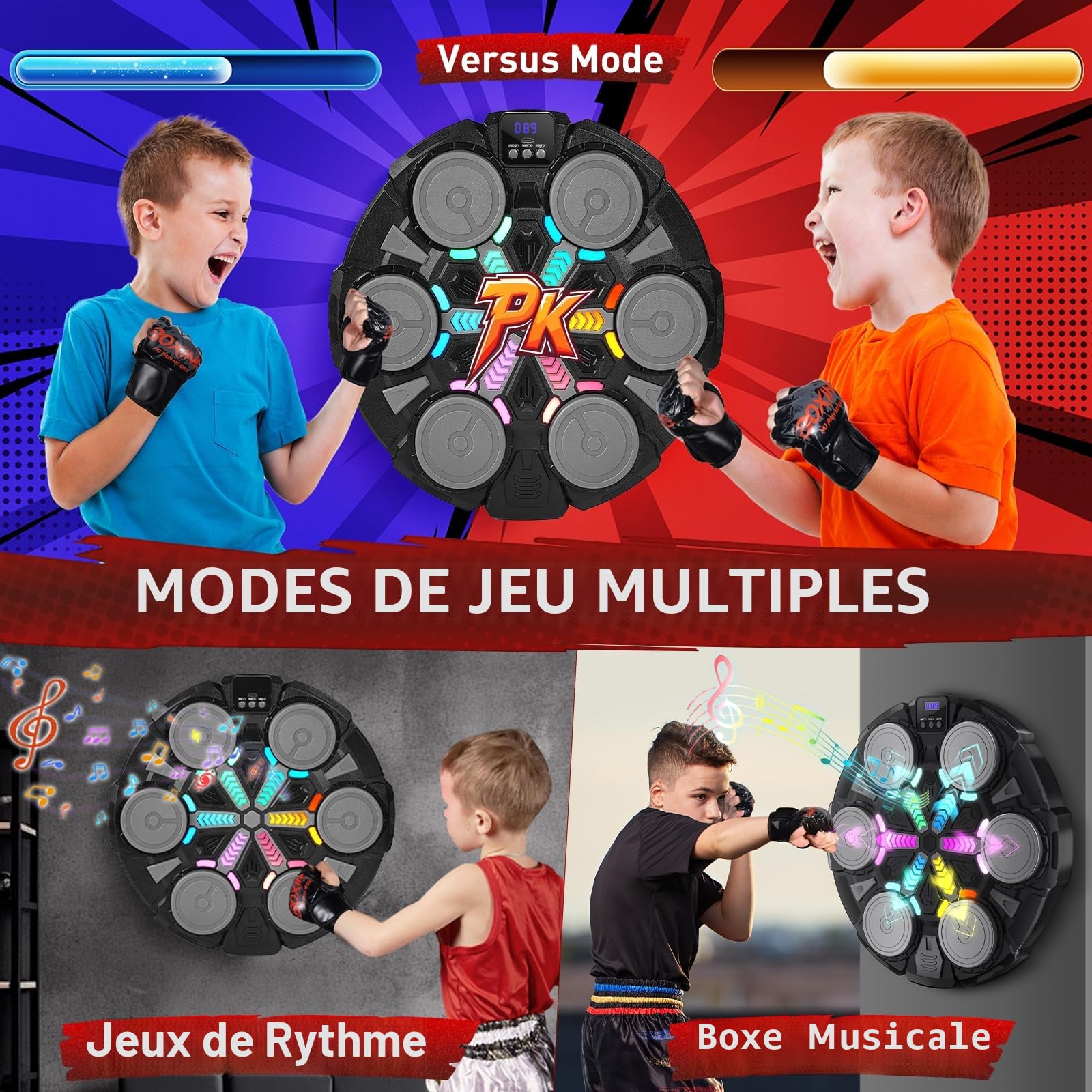 Machine de Boxe Musicale avec Bluetooth, Cible Murale Interactive pour Enfants et Adultes, Équipement d’Entraînement de Boxe Intelligente, Jeu de Boxe Ludique pour la Maison en Famille (Noir)