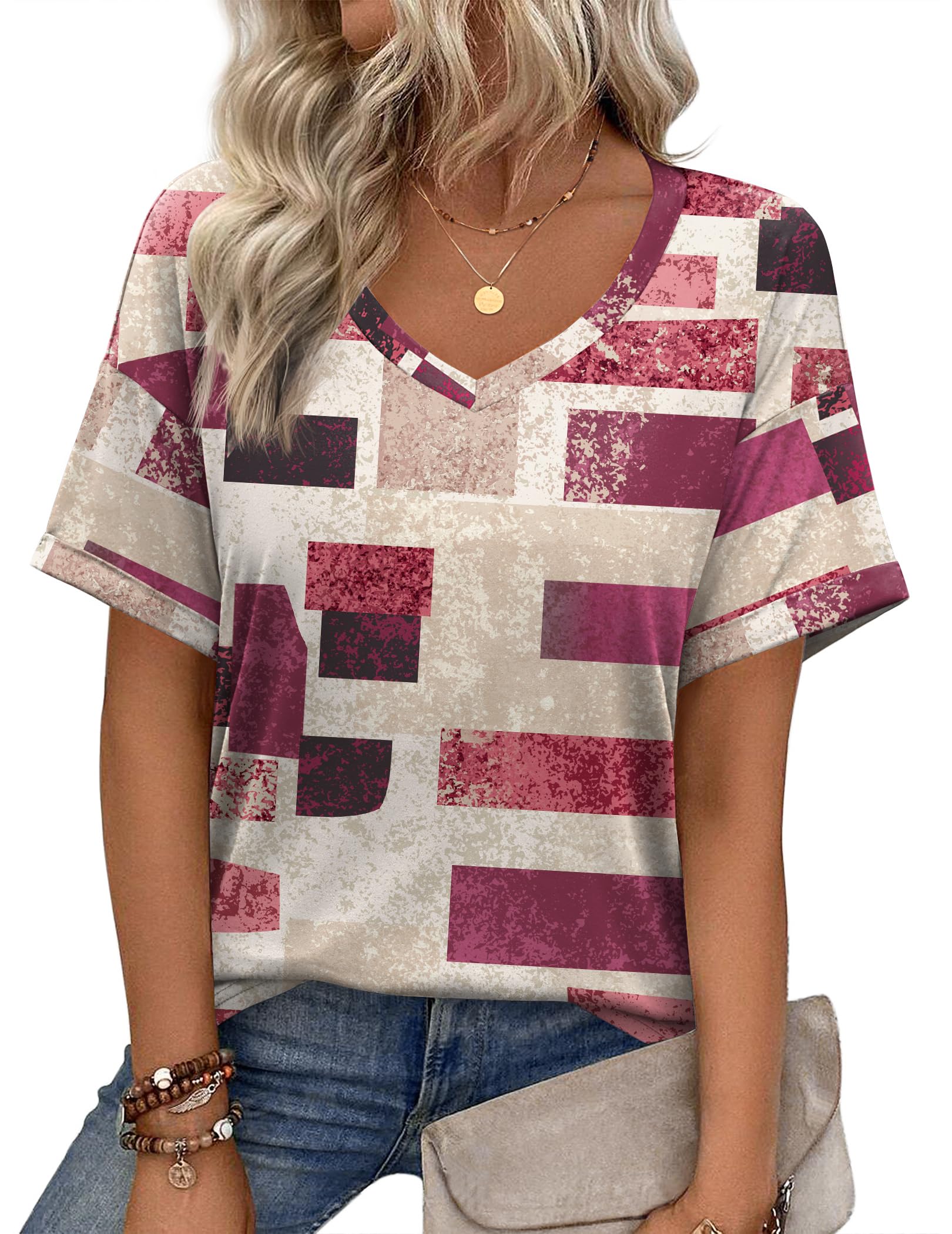 Zeagoo Womens Summer Tops Short Sleeve Casual Shirts Floral Tee Trendy 2025 Basics V Neck Plain Tshirt