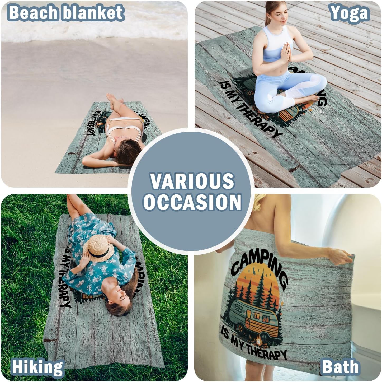 Rustic Camp Beach Rules Towel, Camping is My Therapy Bath Towels for Bathroom Swimming Pool Campsite, Vintage RV Microfiber Beach Towels Oversized Decor Gifts for Camper 30x60in