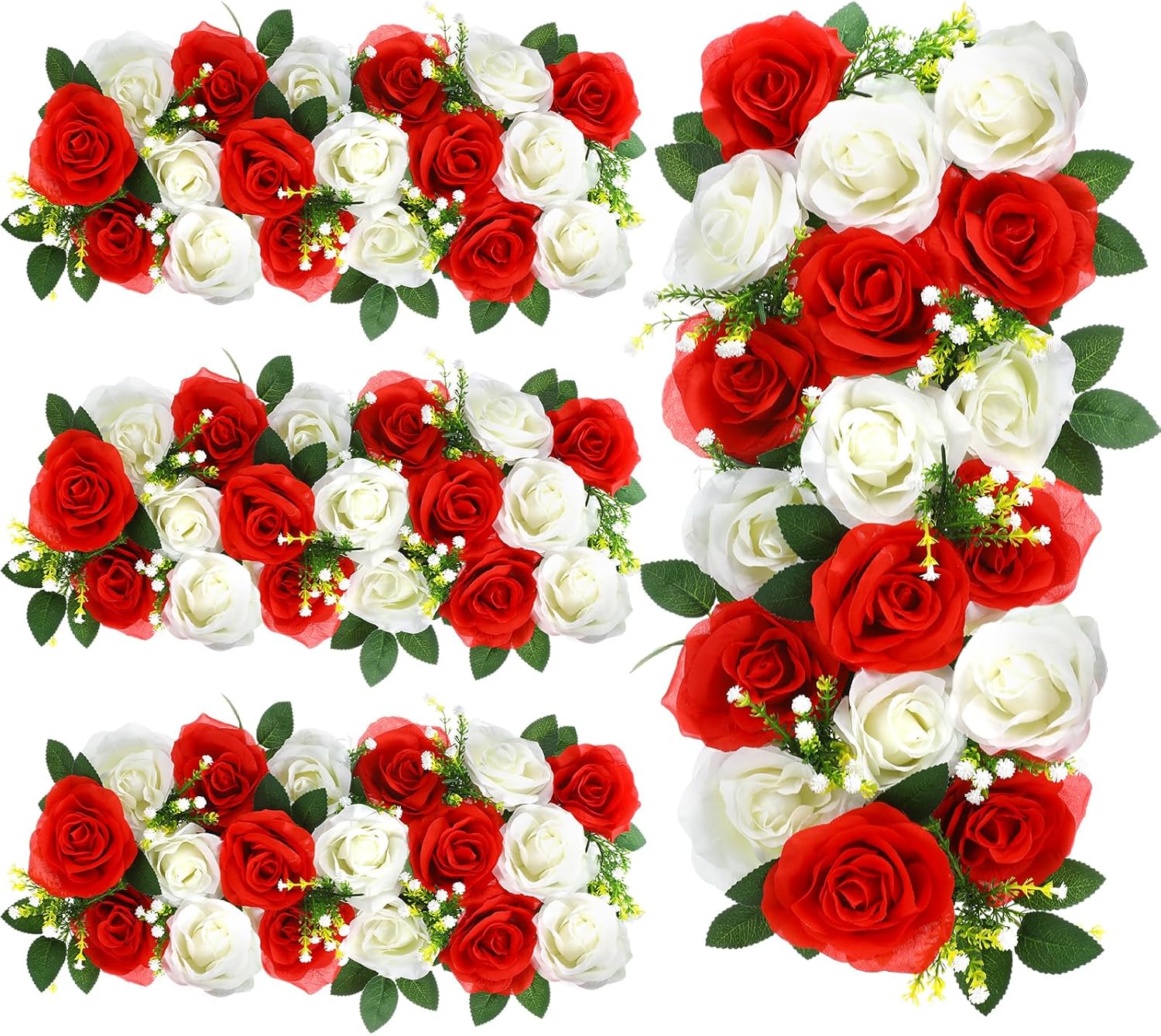 4 Pcs Wedding Arch Artificial Flower Panels Centerpieces for Tables Faux Floral Rose Silk Roses Arrangements Flower for Wedding Wall Party Dinintable Centerpiece Decoration (Red and White)