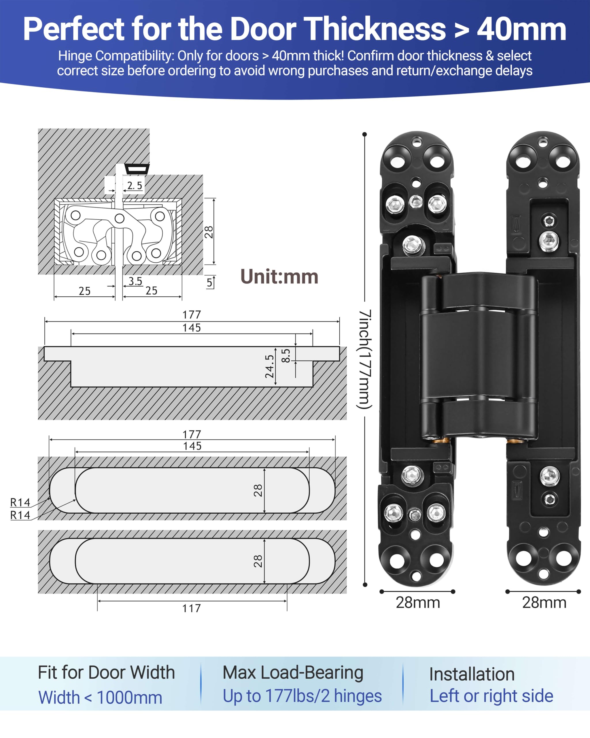 Bisagras invisibles ocultas para puerta, aleación de zinc resistente de 7 pulgadas, bisagra ajustable de 3 vías, bisagra oculta oscilante de 180 grados, 7 x 2.8 x 1 pulgada (2 bisagras, negro)