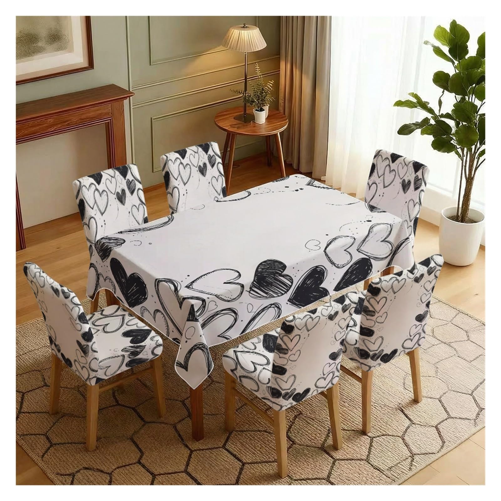BOSUYBN Black White Hand Drawn Heart Printed Dining Tablecloth & Chair Covers Set, 5/7 Piece Minimalist Romantic Home Decor Table Setting(7pcs Set: Tablecloth+Chair Covers)