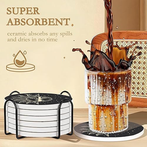 Miniatura 4 de Juego de 6 posavasos de fase lunar con soporte, almohadillas de cerámica absorbentes, protectores de mesa antideslizantes para café y vasos