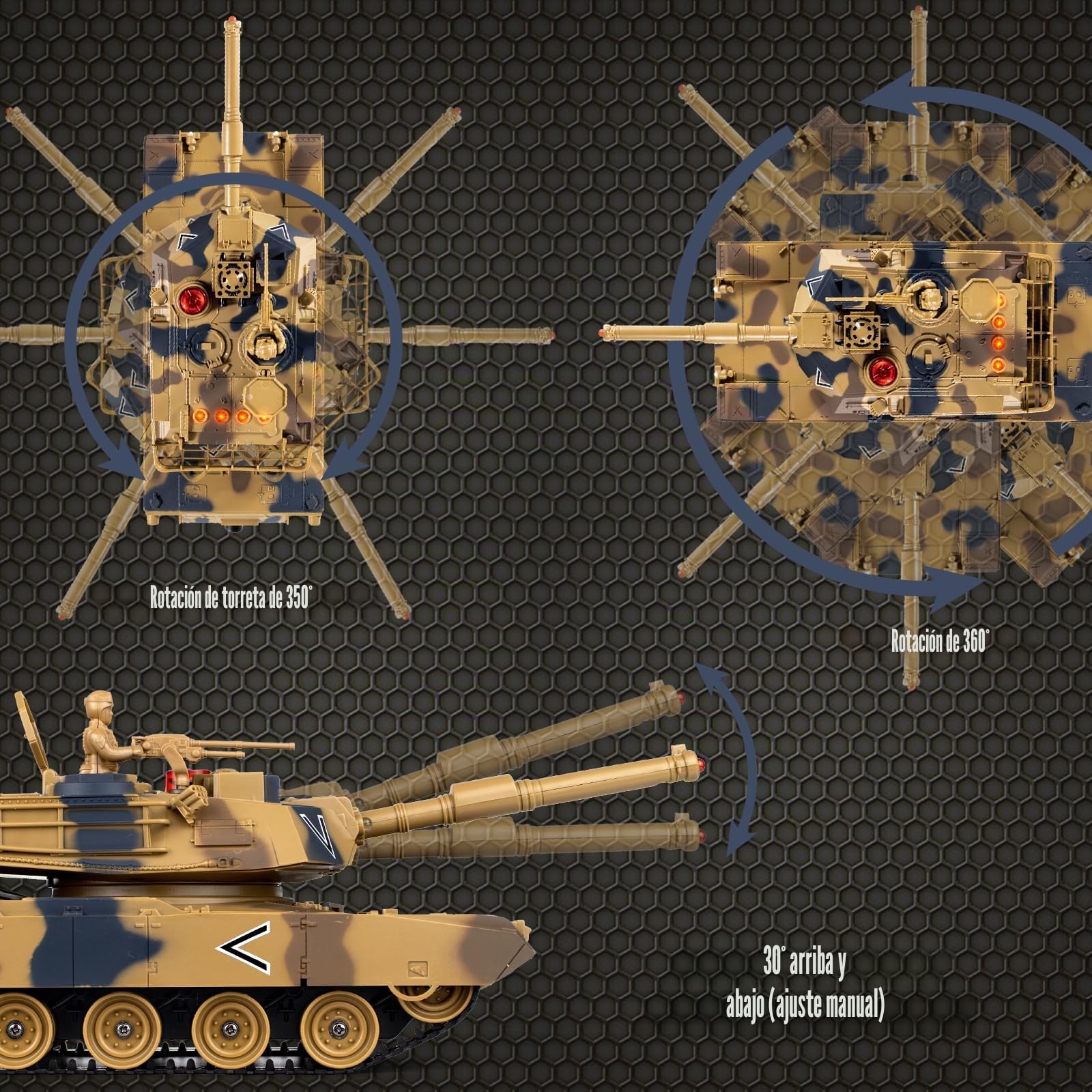 Tanque Control Remoto 1/24, USA M1A2 Radio Control, Tanque RC con Efectos de Sonido, Luces y Humo, 2.4GHz Teledirigido para Niños, Regalos a partir de 6 Años