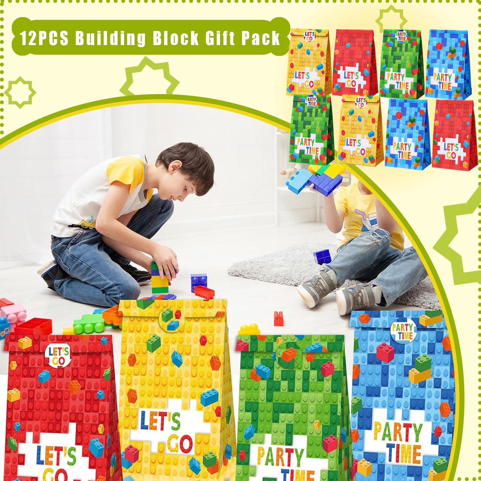 86 Pezzi Di Mattoncini da Costruzione,12 Braccialetti Slap Per Bambini, 12 Lego Portachiavi, 12 Sacchetti Regalo Per Compleanno-Per-Bambini,Addobbi Articoli Feste A Blocchi Costruzione,Per B-ambini