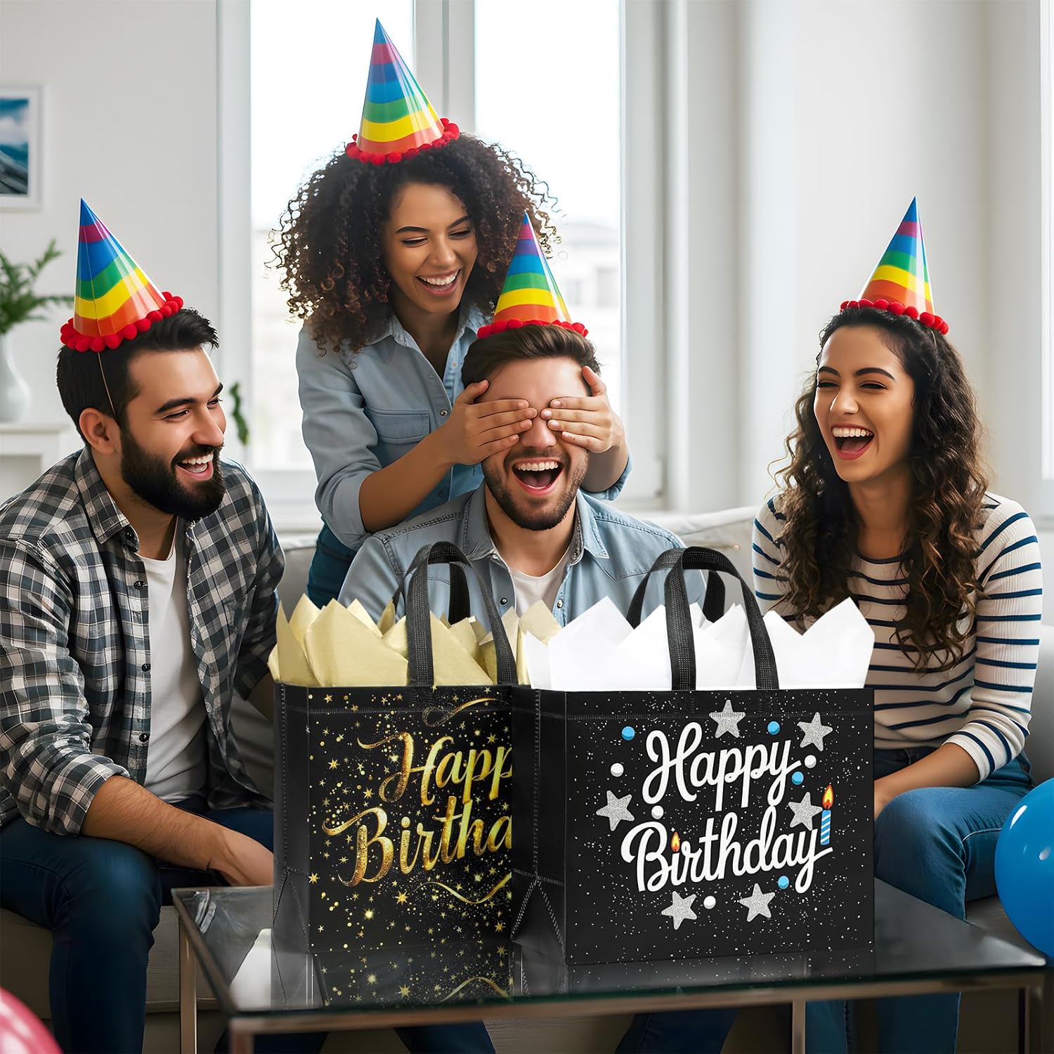 STYPOP 6 Pack 13" Large Birthday Gift Bags with Tissue Paper & Cards, Reusable Non-Woven Happy Birthday Bags with Handles, Perfect Gifts for Men, Boy, Kids, 12.8" x 10.2" x 6.3"