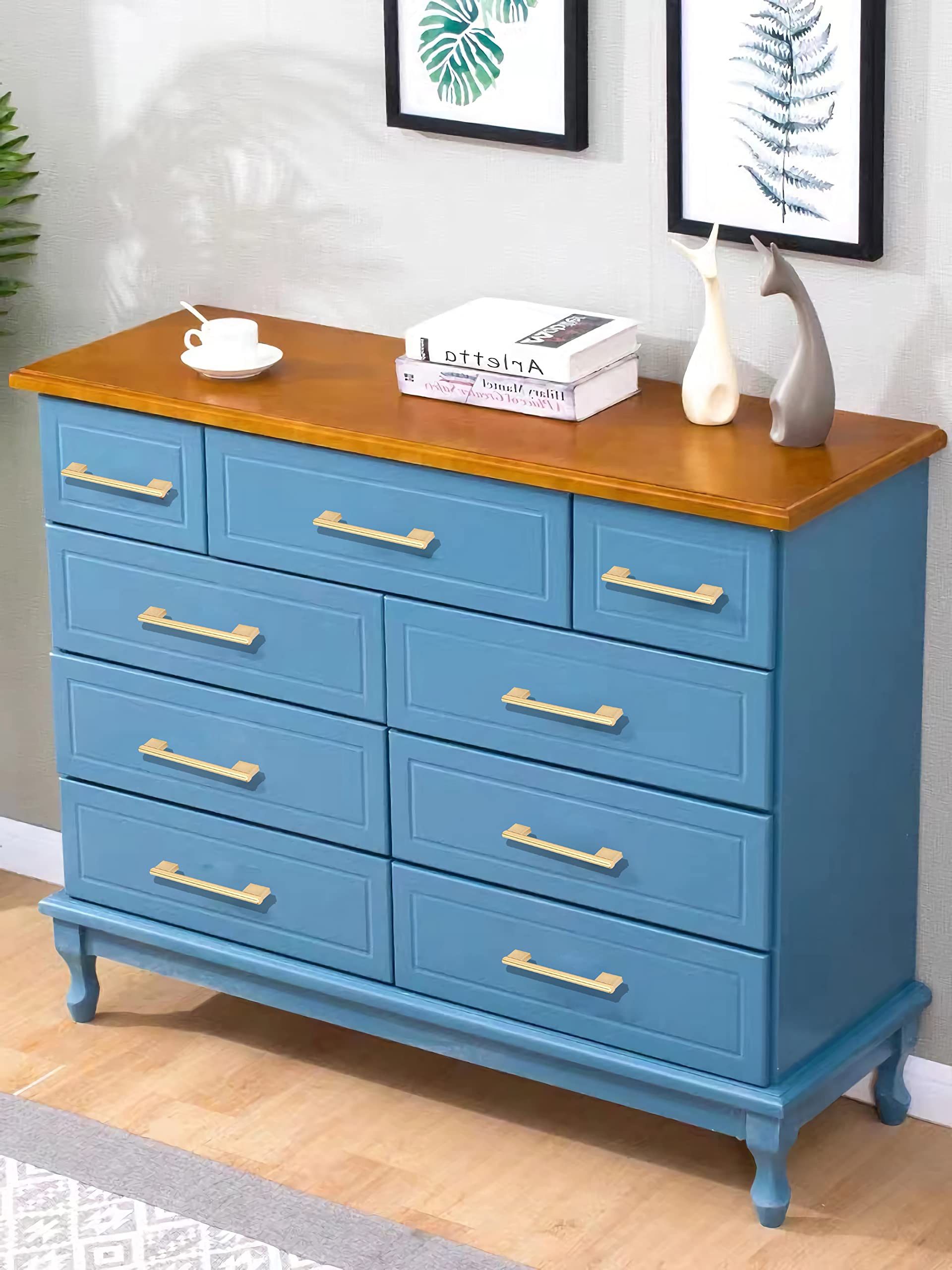 skohom 10 Pack Cabinet Handle, 3.75 inch Hole Centers Drawer Handle,Brush Gold Pull for Dresser,Gold Pull for Cabinet,Simple Modern pullls (Brush Gold)