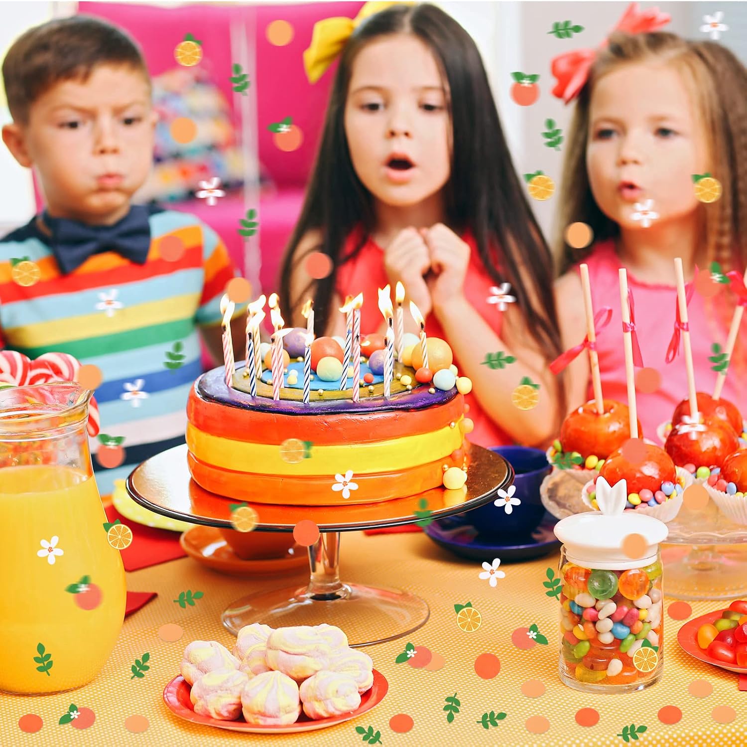 300 Pcs Little Cutie Baby Shower Confetti Citrus Confetti, Orange Round Paper Tangerine White Flower Green Eucalyptus Scatter for Baby Shower Birthday Wedding Party Table Decoration Supplies