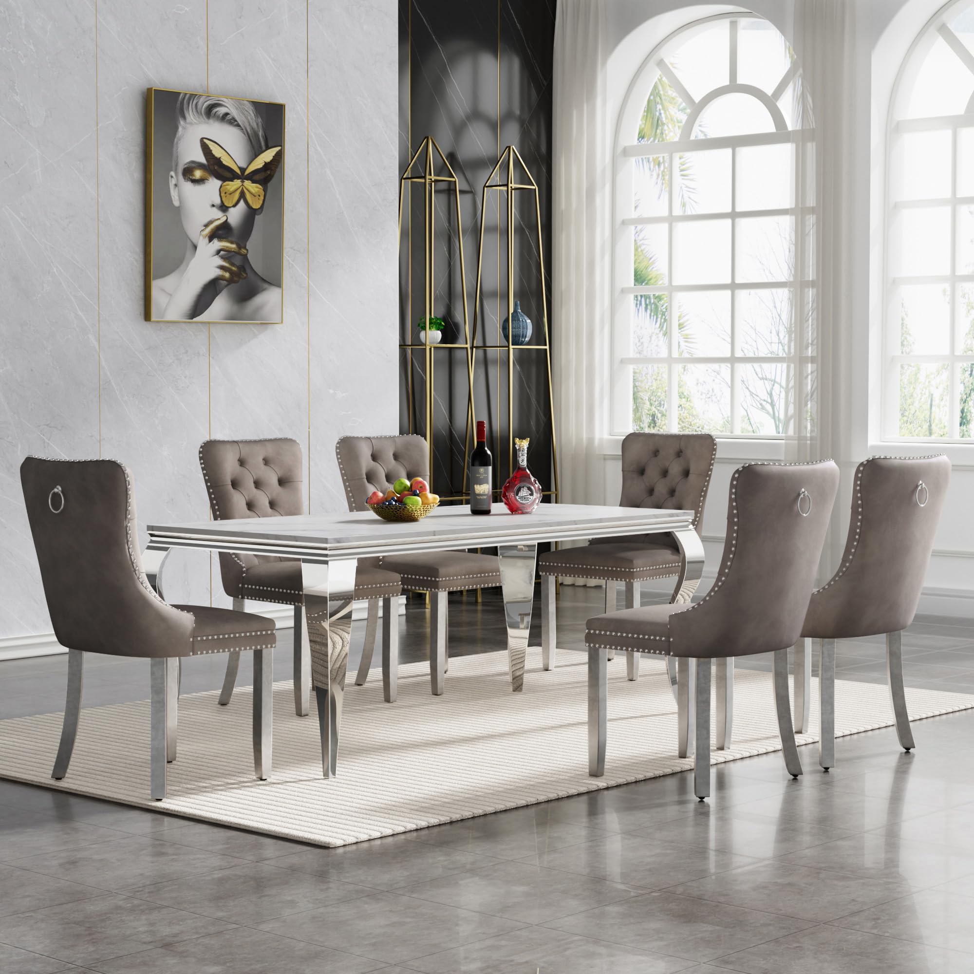 Henf 7 Piece Marble Dining Table Set for 6, 68" Modern Kitchen Dining Room Table and Grey Chairs Set for 6, White Silver Dinner Table Set for 6 with