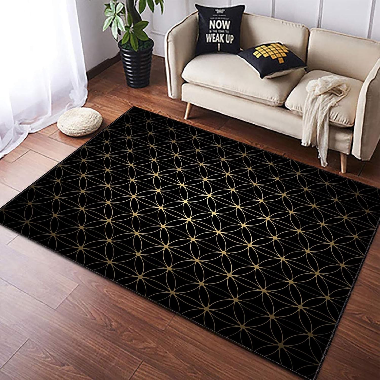 Black and Gold Line Geometry Washable Rug 2'x 3'Flower of Life Area Rug Non Slip Low Pile Rugs for Living Room, Bedroom, Dining Room, Playroom