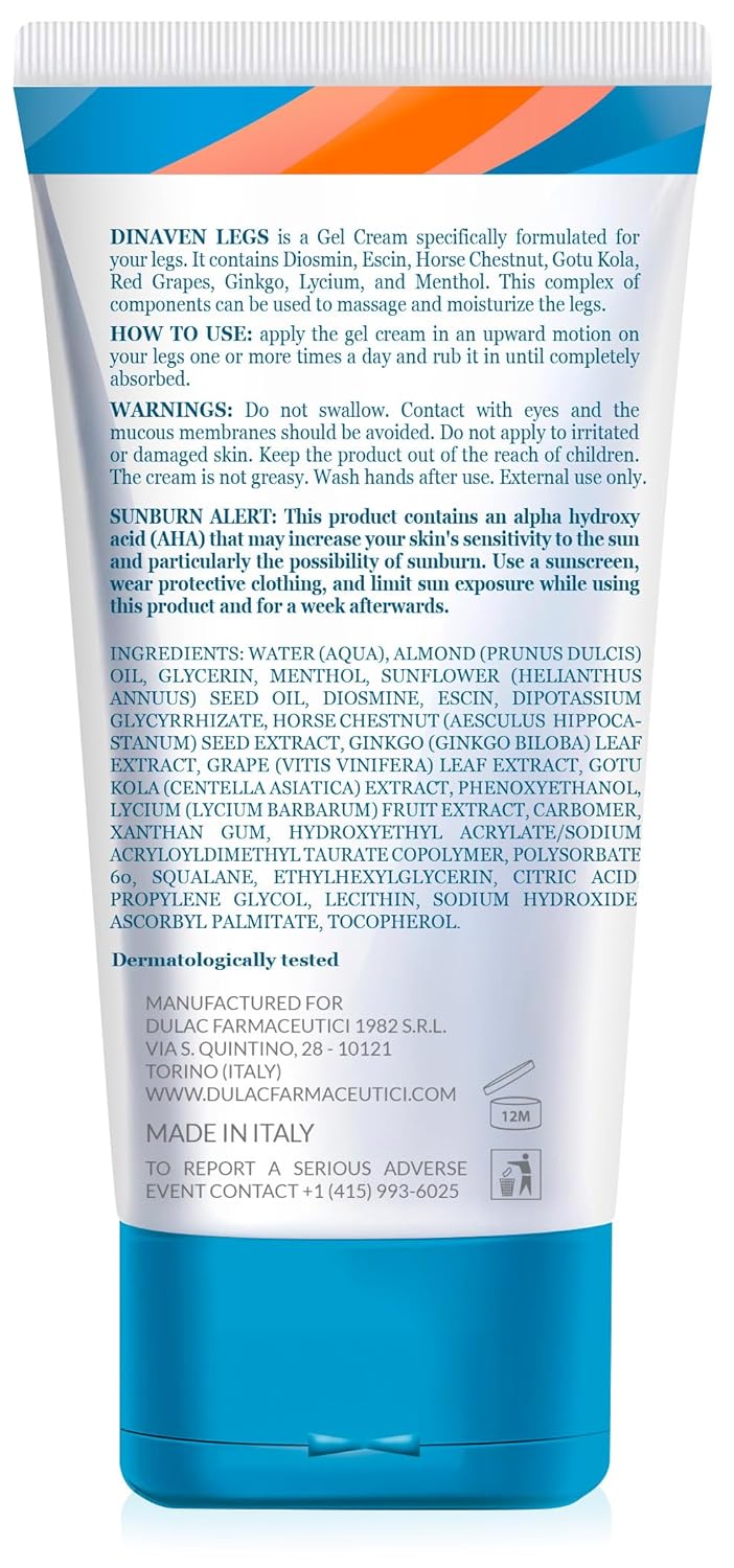 Dulac, Dinaven Legs Gel Cream, Cooling & Refreshing, with Diosmin & Menthol, Horse Chestnut Extract, Butcher's Broom & Red Vine, Fast-Absorbing, Non-Greasy, Daily Leg Care, 6.76 fl oz, Made in Italy