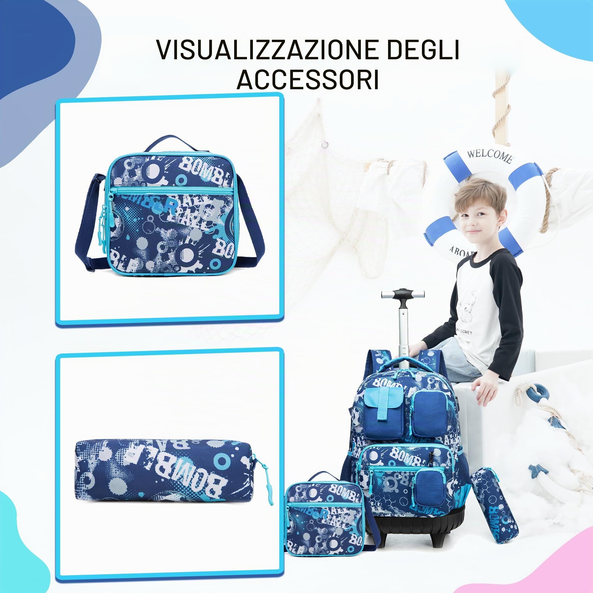 HTgroce Trolley Zaino Scuola 3 in 1 Kit Viaggio per Bambini, Regalo Scolastico per Ragazzi