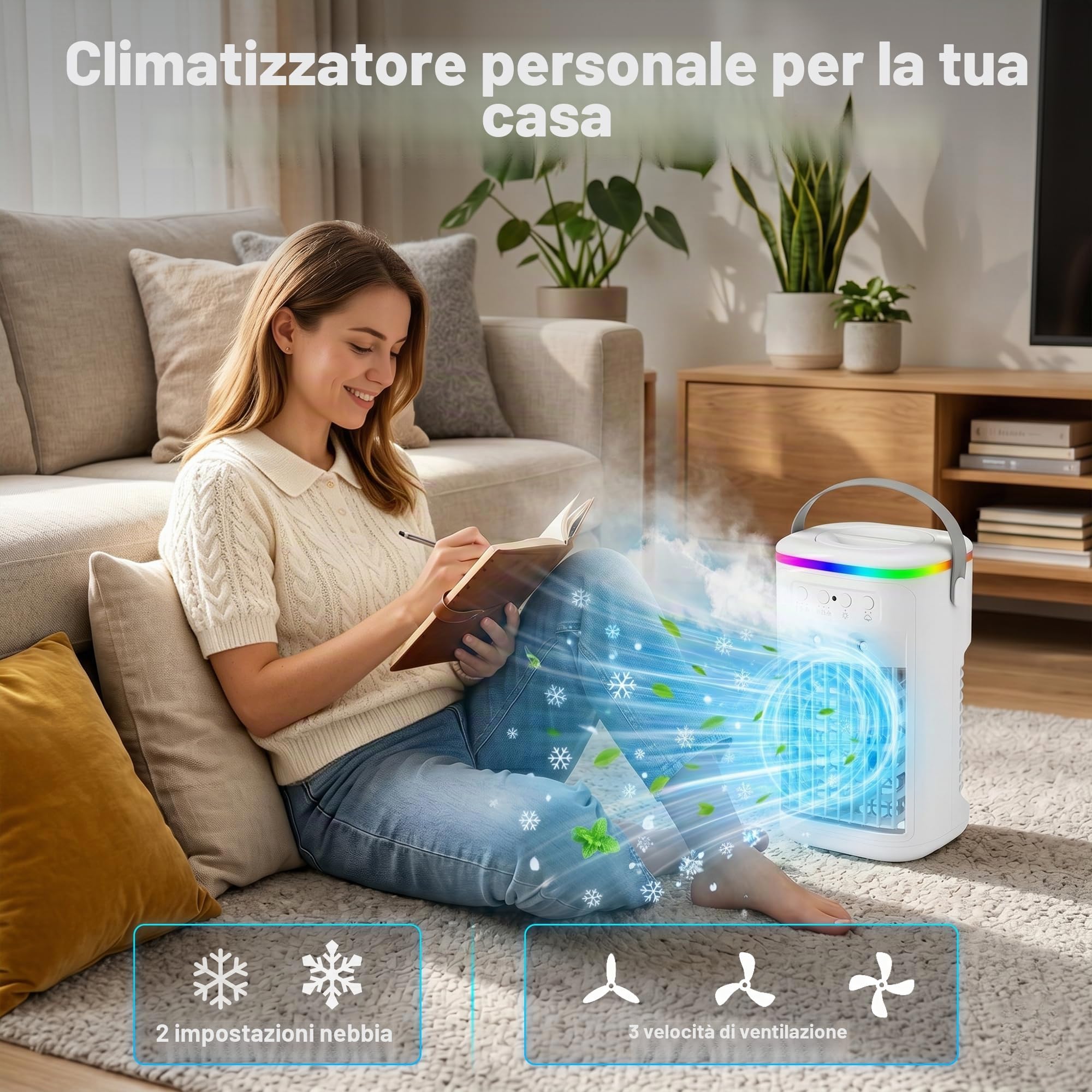 Mini condizionatore portatile silenzioso, refrigeratore d'aria con telecomando, 3 velocità e 2 modalità di nebulizzazione, timer 1-4 ore, 7 luci LED, ventilatore ad aria fredda per camera da letto e