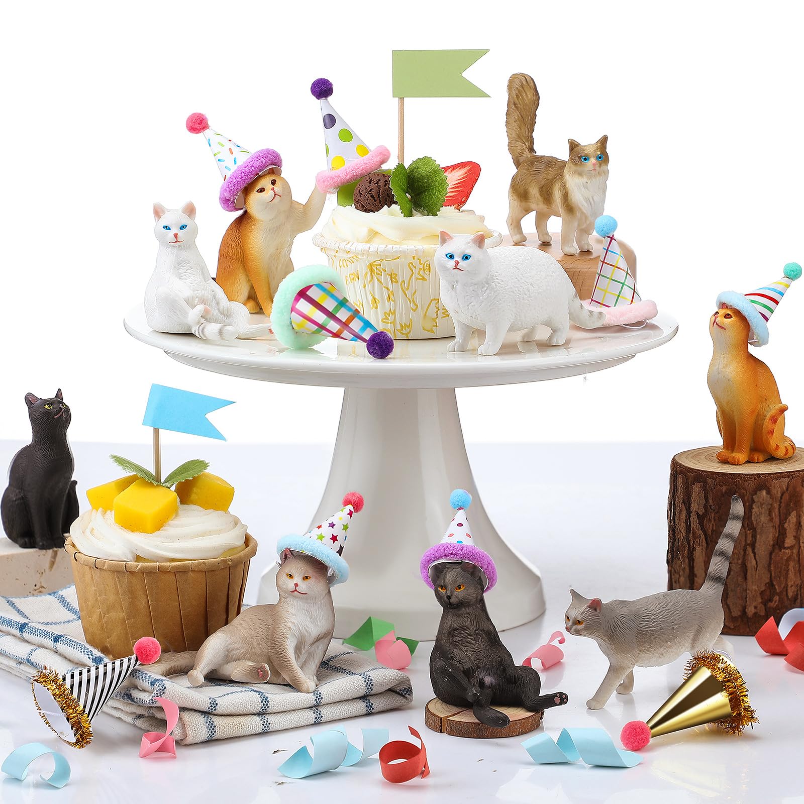 18 Pcs Cat Birthday Party Decorations Mini Birthday Hat Animal Figure Model Cake Toppers with Mini Hat for Birthday Party, Animals Themed Party