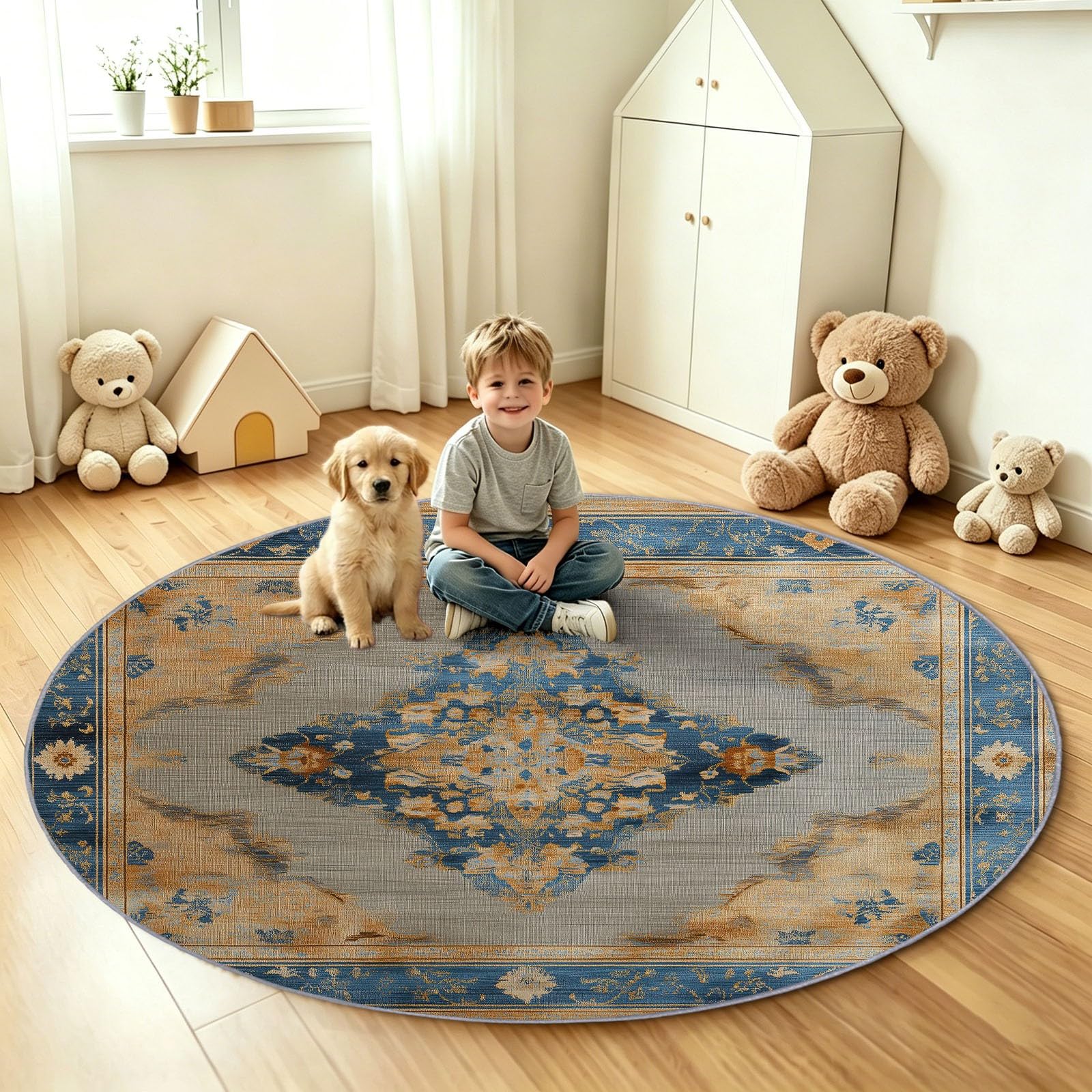 Generisch Okrągły dywan w stylu vintage, 160 cm, krótkie runo, nadaje się