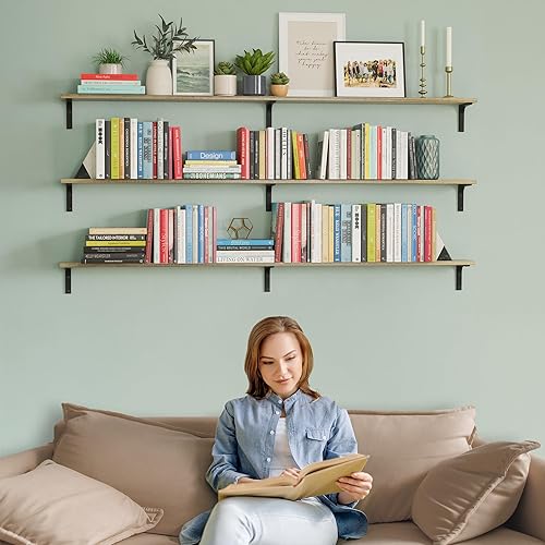 Miniatura 8 de Wallniture Nola - Estantes flotantes de 3 piezas de 60 pulgadas de largo, estantes de pared rústicos para cocina, sala de estar, madera de Paulownia