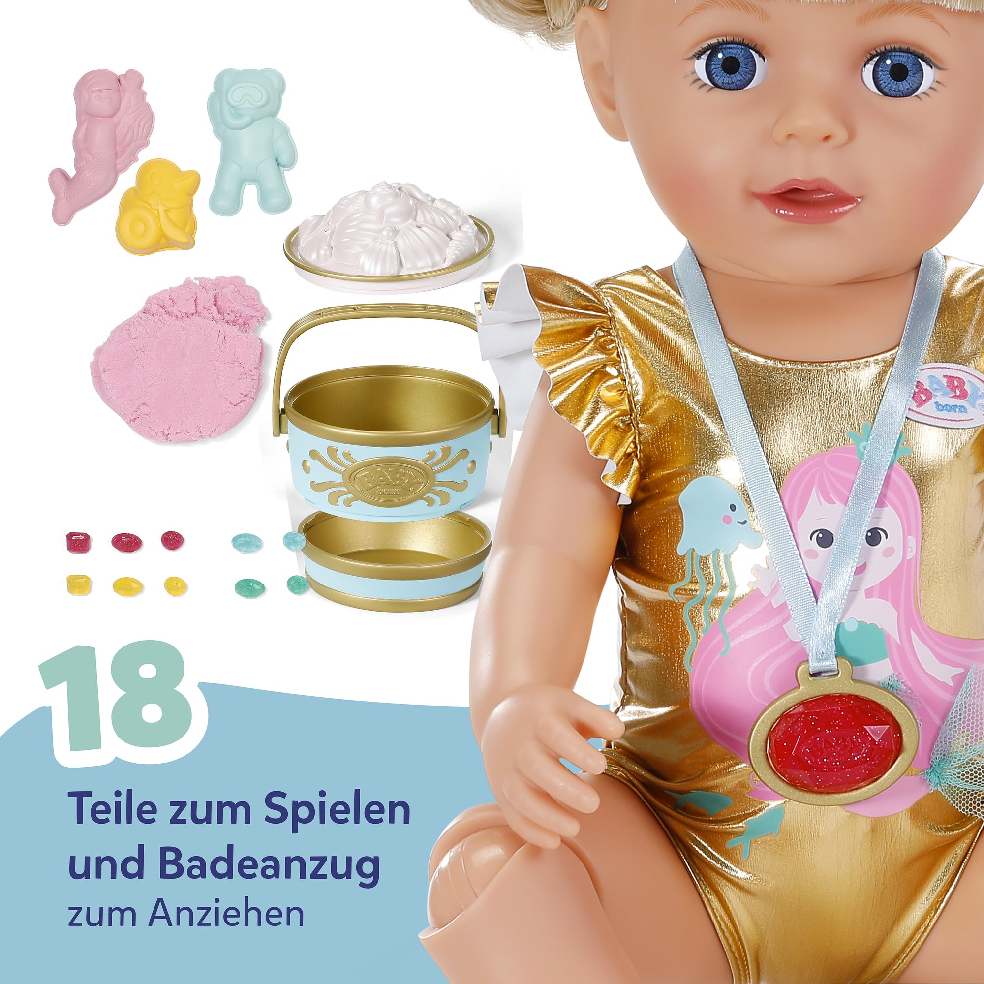 BABY Born Strandüberraschung Set mit Badeanzug im Meerjungfrauen-Print, Sandförmchen, formbarem Sand, Eimer und 5 Überraschungen für 43cm Puppen