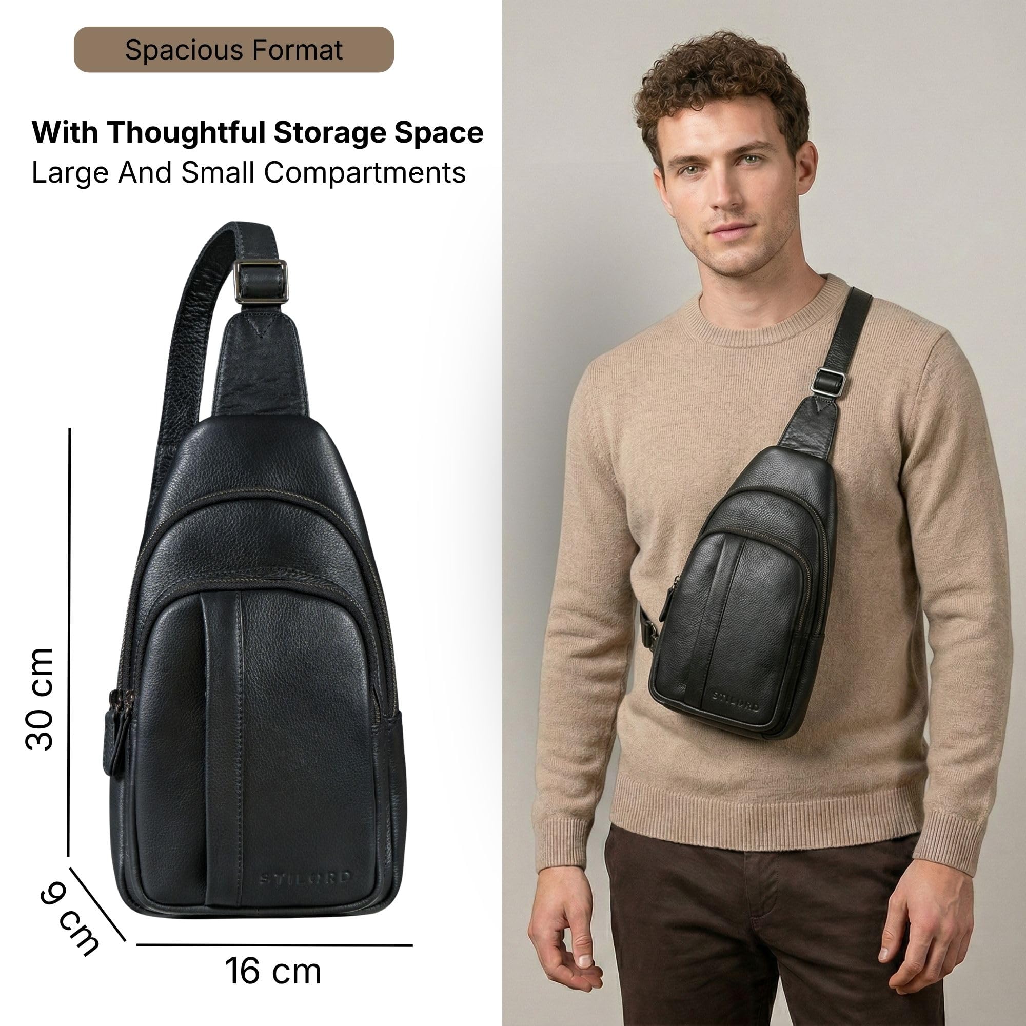 STILORD "Jakob" Duża Skórzana Torba Sling Dla Mężczyzn Saszetka Na Klatkę Piersiową Crossbody Torba Na Ramię Z Karabińczykiem I Kieszenią Antykradzieżową Kolor:czarny