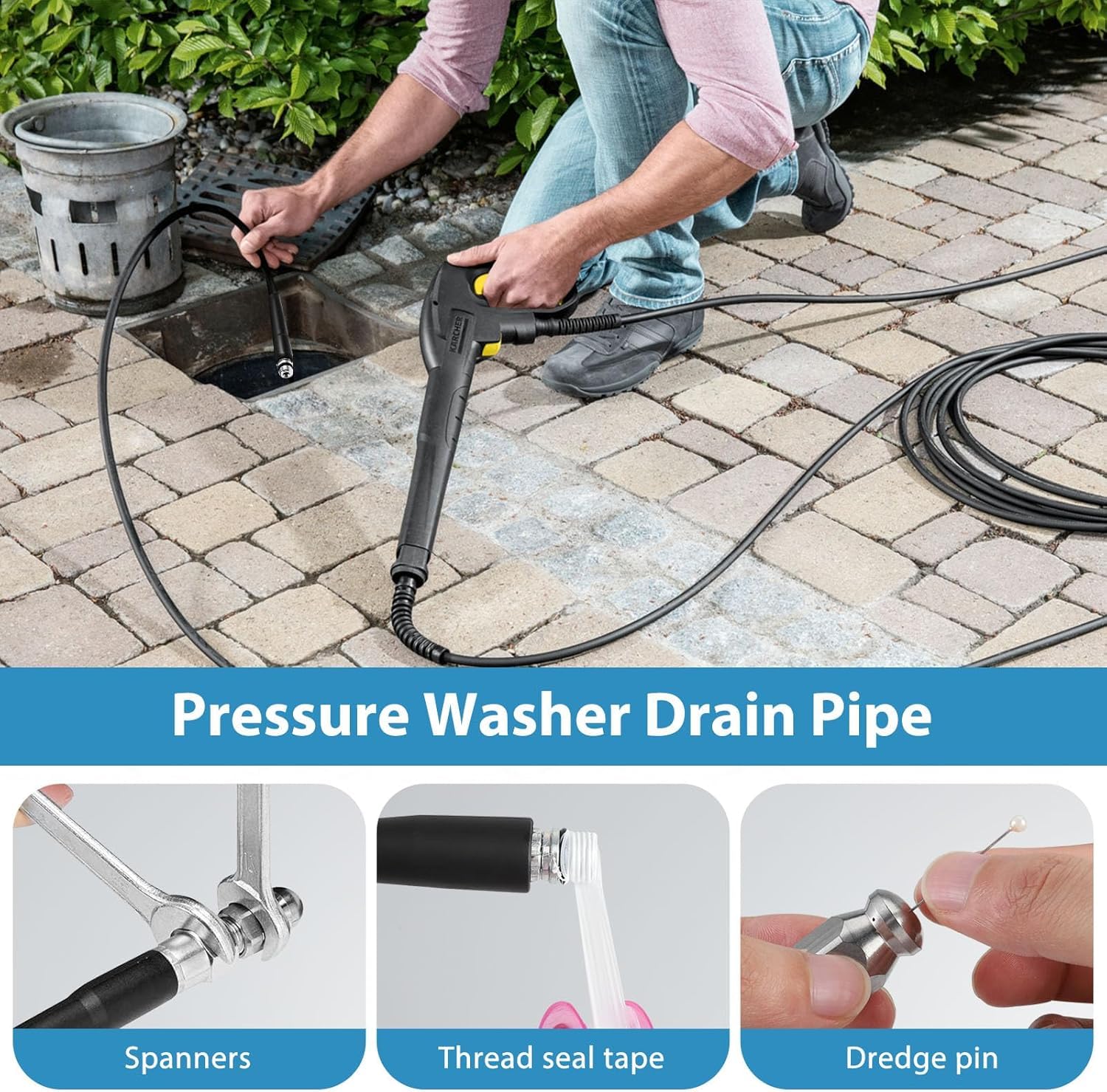 Zestaw węży do czyszczenia rur 20 m, M22, w tym adapter miedziany Karcher, dysza strumieniowa + obrotowa dysza strumieniowa, kompatybilny z K2, K3, K4, K5, K6, K7, uniwersalny zestaw do czyszczenia