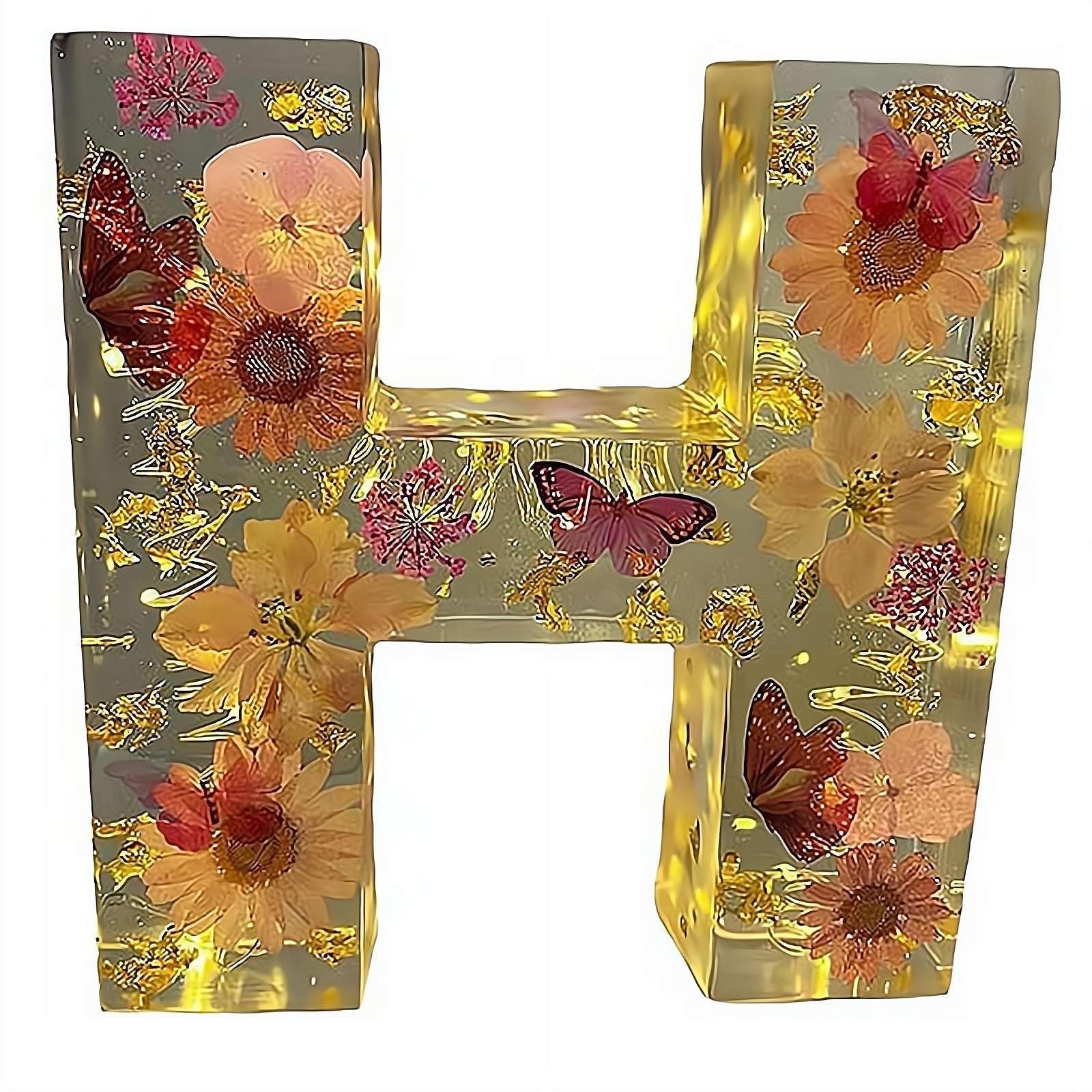 Handmade Floral Night Light, 2026 Floral Resin Night Light Letter, Flower Resin Letter Lamp with LED Lights, DIY Handmade Creative Letters Flower Lamp, For Various (H)