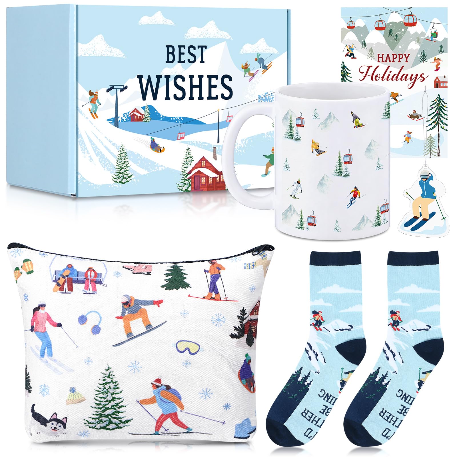 Potchen 6 Pcs Ski Gifts Set Winter Skiing Ceramic Mug, Socks for Skiers, Makeup Bag, Card, Acrylic Christmas Ornament and Box Skiing Accessories for Ski Lovers Women Men Snowboarder