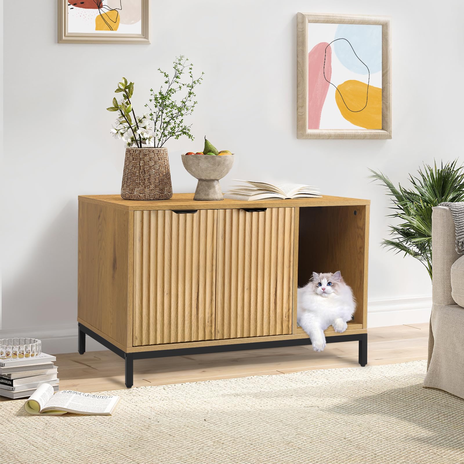 Cat Litter Box Enclosure, Hidden Litter Box Furniture with Metal Legs, Side End Table Indoor Cat House Storage Cabinet 31.5 x 19.7 x 20 Inches (Black + Gold)