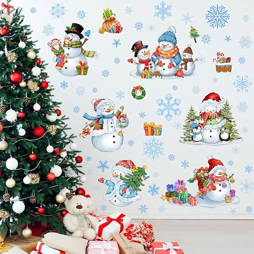 ReliThick 64 Pcs Christmas Snowman Wall Sticker Clings Removable Christmas