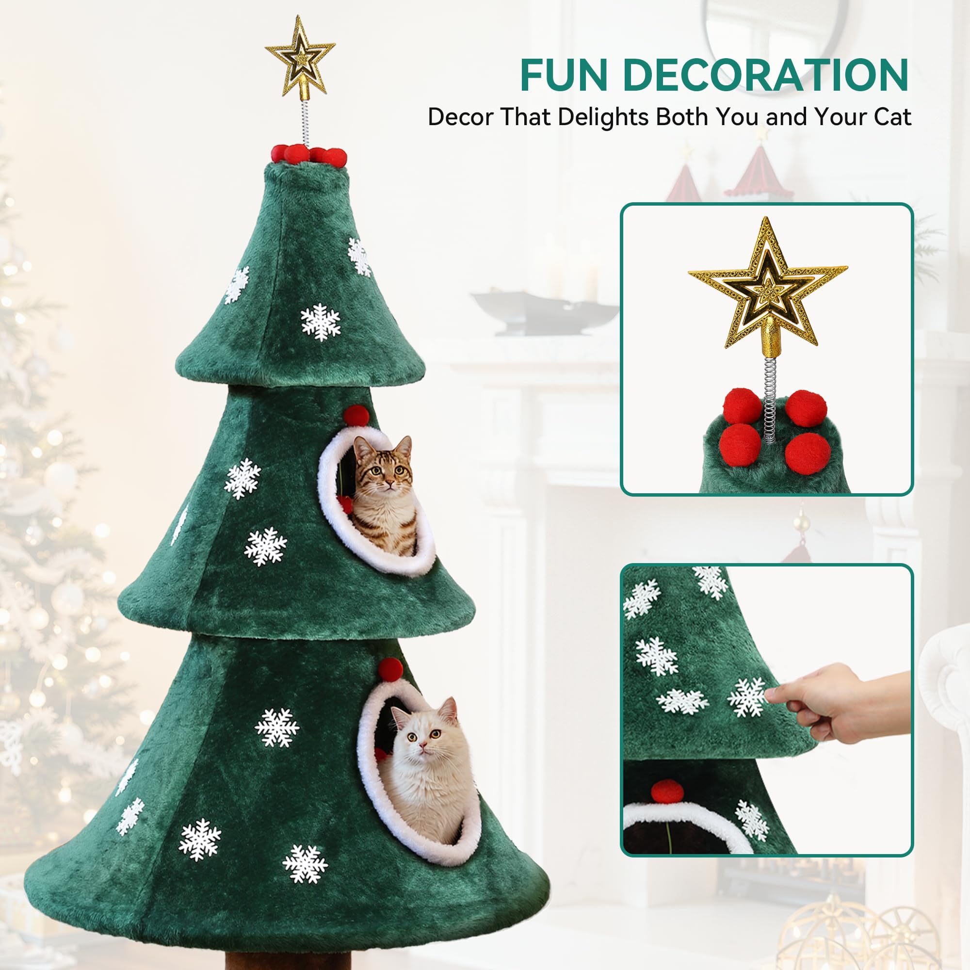 YITAHOME Gran árbol para Gatos navideño con 2 Niveles, casa para Gatos de 132 cm, Postes para rascar, Centro de Actividad para Gatitos y decoración navideña en Verde